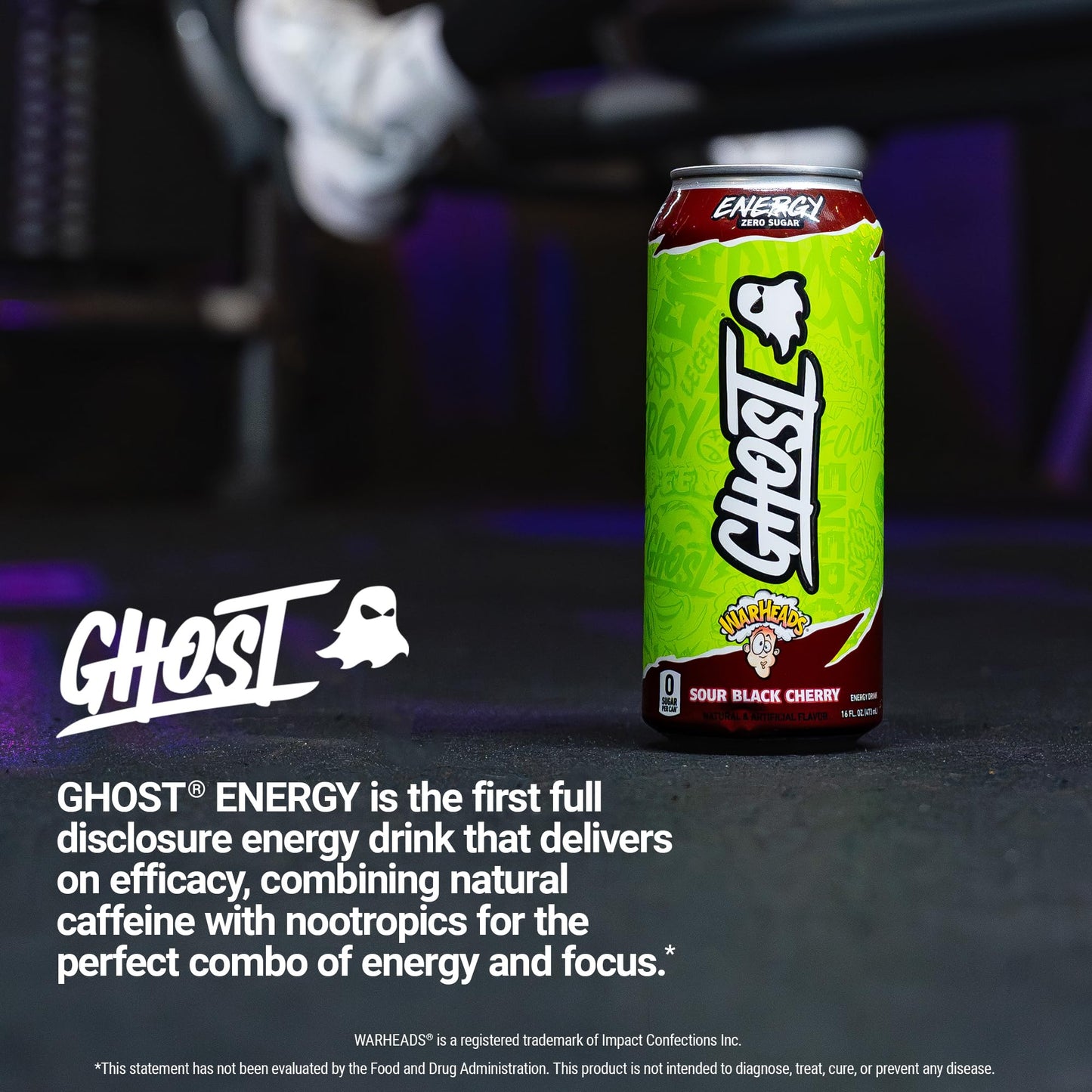 GHOST Energy Drink - 12-Pack  Warheads Sour Black Cherry  16oz - Energy & Focus & No Artificial Colors - 200mg of Natural Caffeine  L-Carnitine & Taurine - Gluten-Free & Vegan