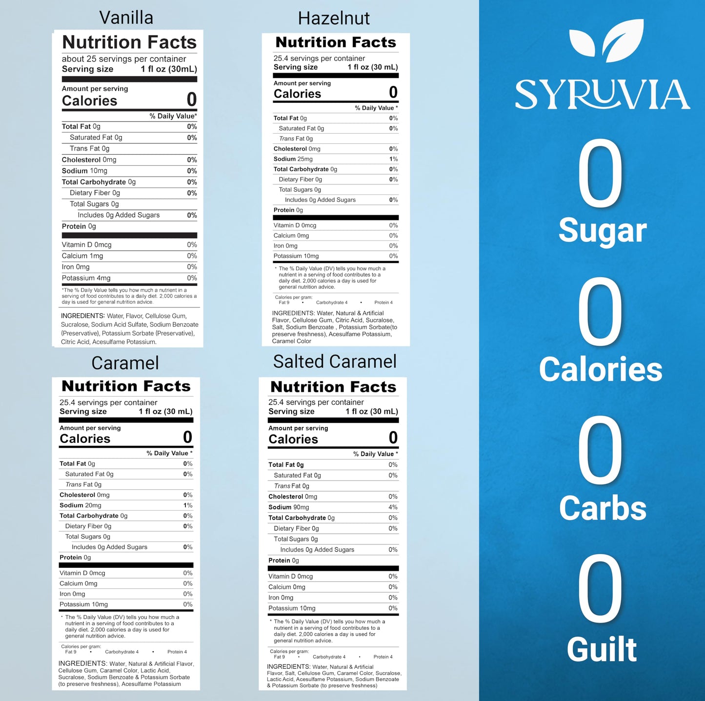 Syruvia Coffee Syrup Variety Pack Sugar Free Vanilla  Caramel  Hazelnut & Salted Caramel Kosher  25.4 fl oz bottles - Elevate Your Coffee Experience!