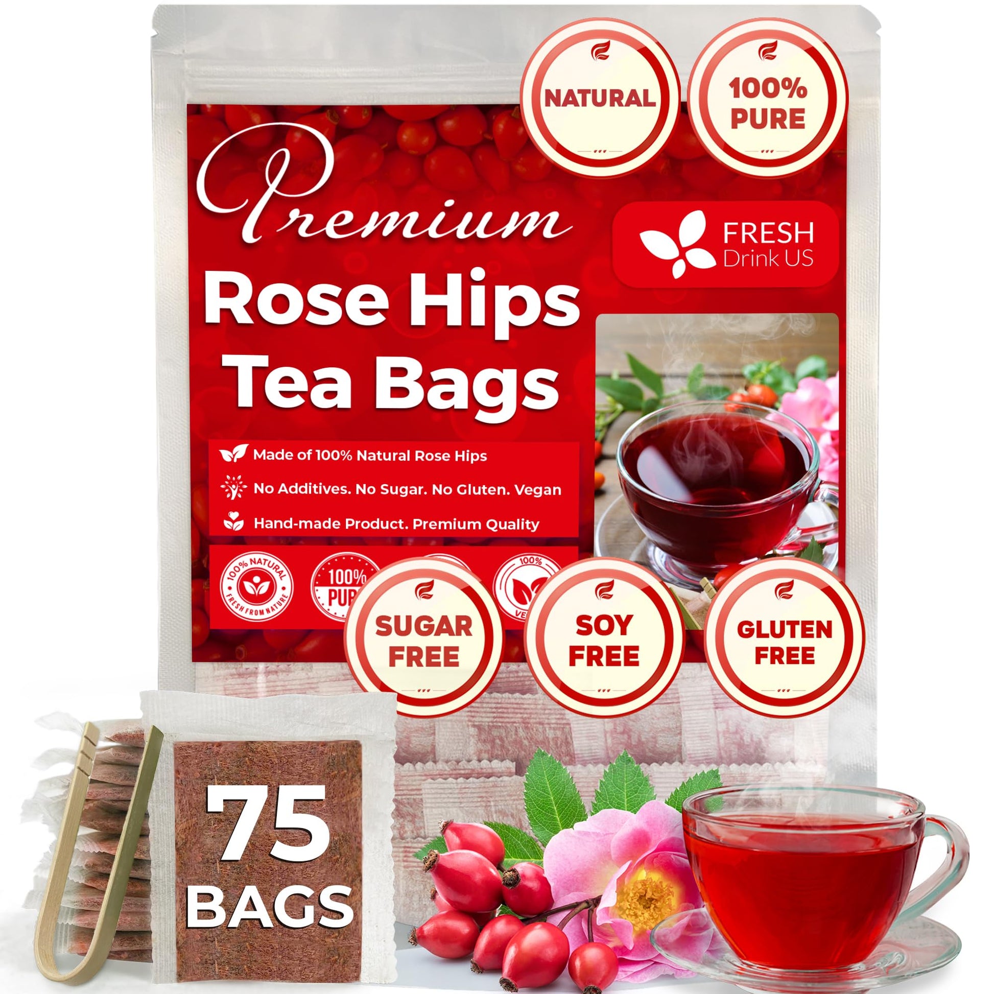 FRESHDRINKUS Premium Rosehip Tea Bags, 100% Natural Herbal Tea, 75 Bags, No Sugar, Caffeine-Free, Vegan
