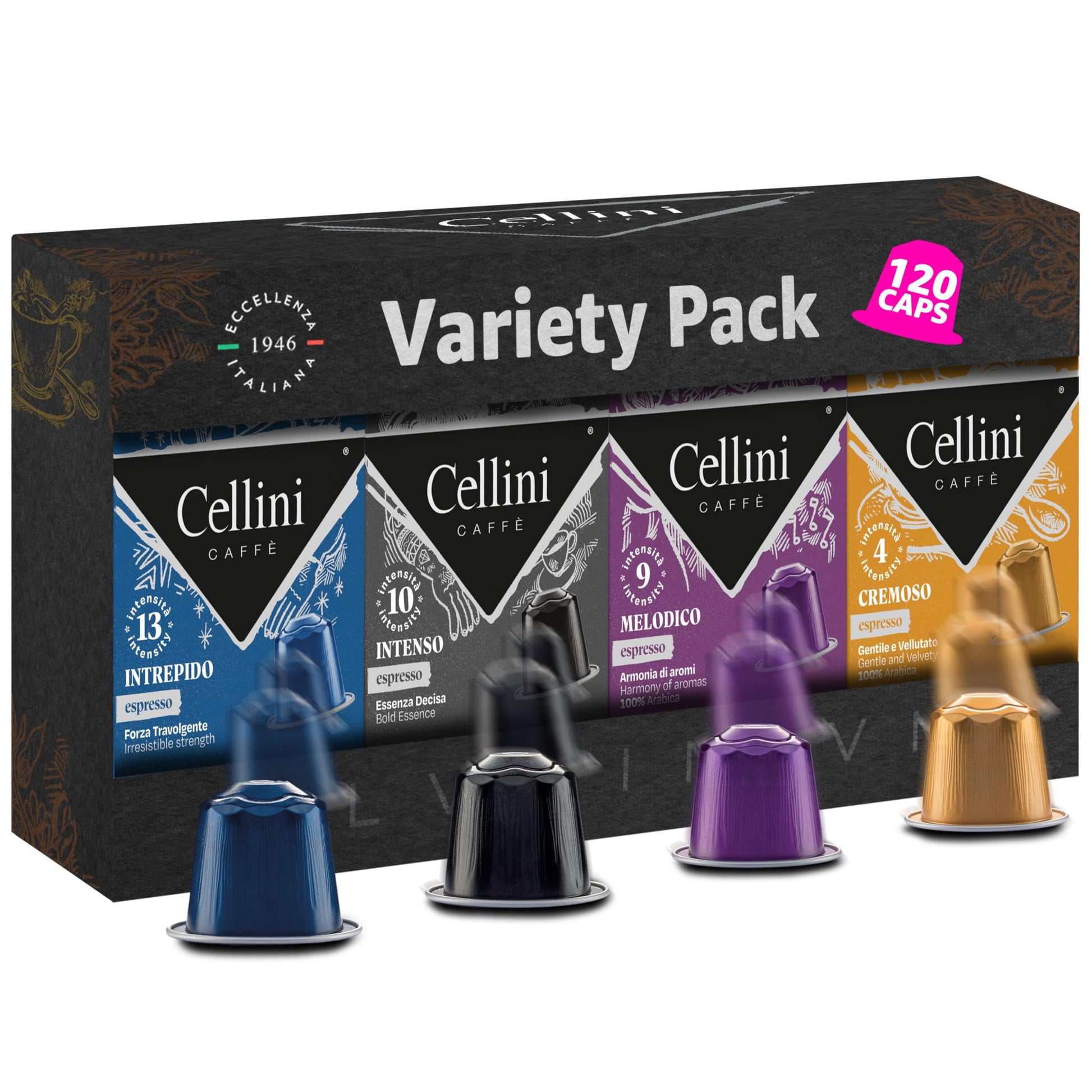 Cellini Caffè Aluminum Nespresso Pods, 4 Italian Flavors, 120 Count, Compatible with Nespresso Original Machine