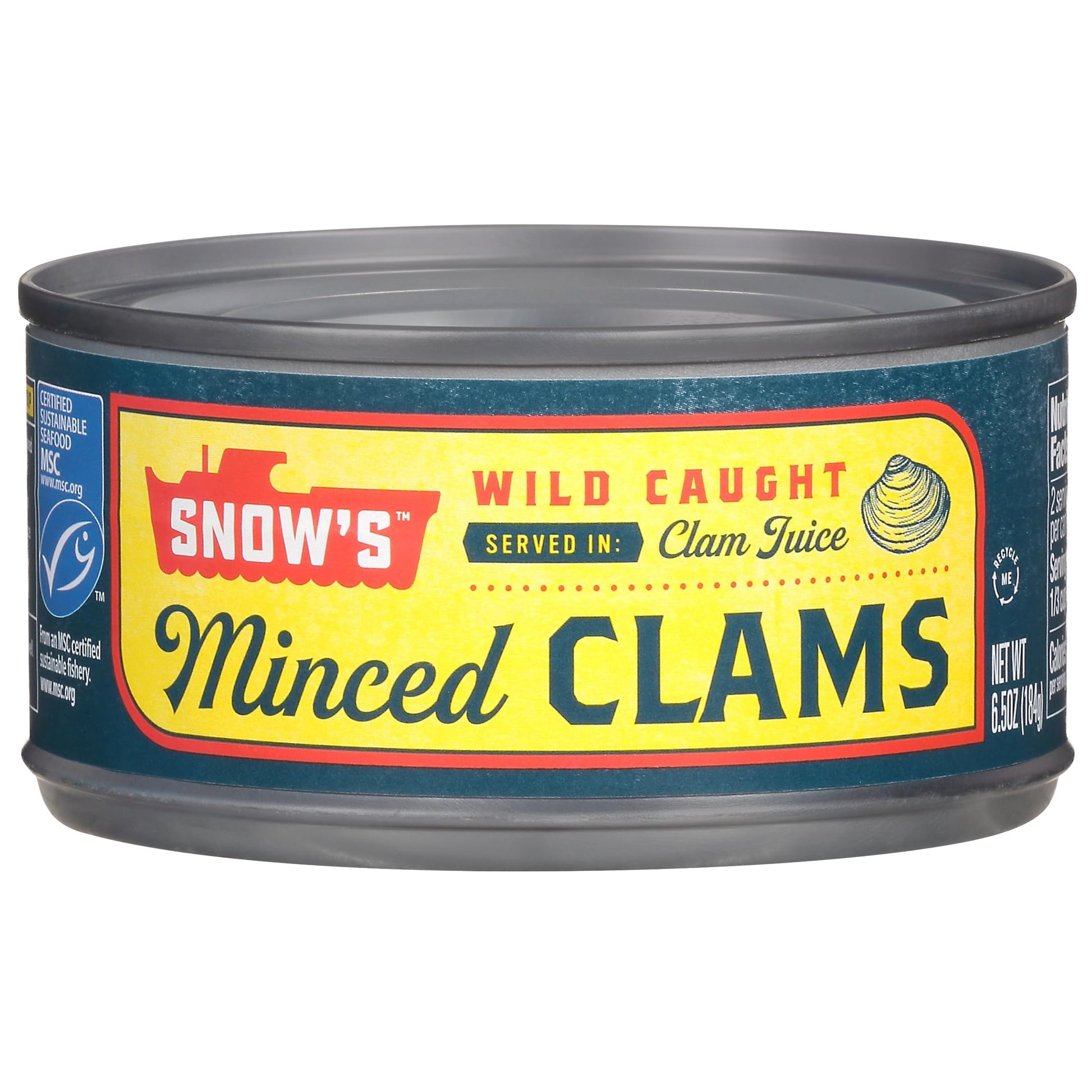 Snows Wild Caught Minced Clams, 6.5 oz Can, 5g Protein, Gluten Free, Keto Friendly, 99% Fat Free
