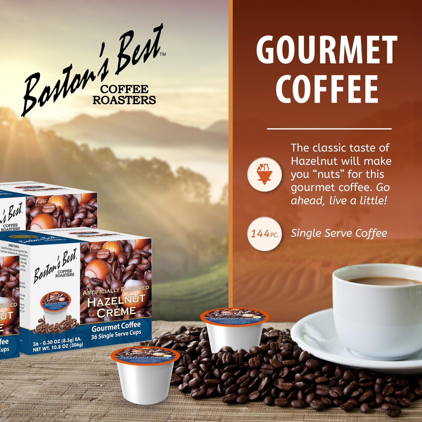 Bostons Best Hazelnut Creme Flavored Coffee, Compatible with Keurig, 144 Single Serve Cups