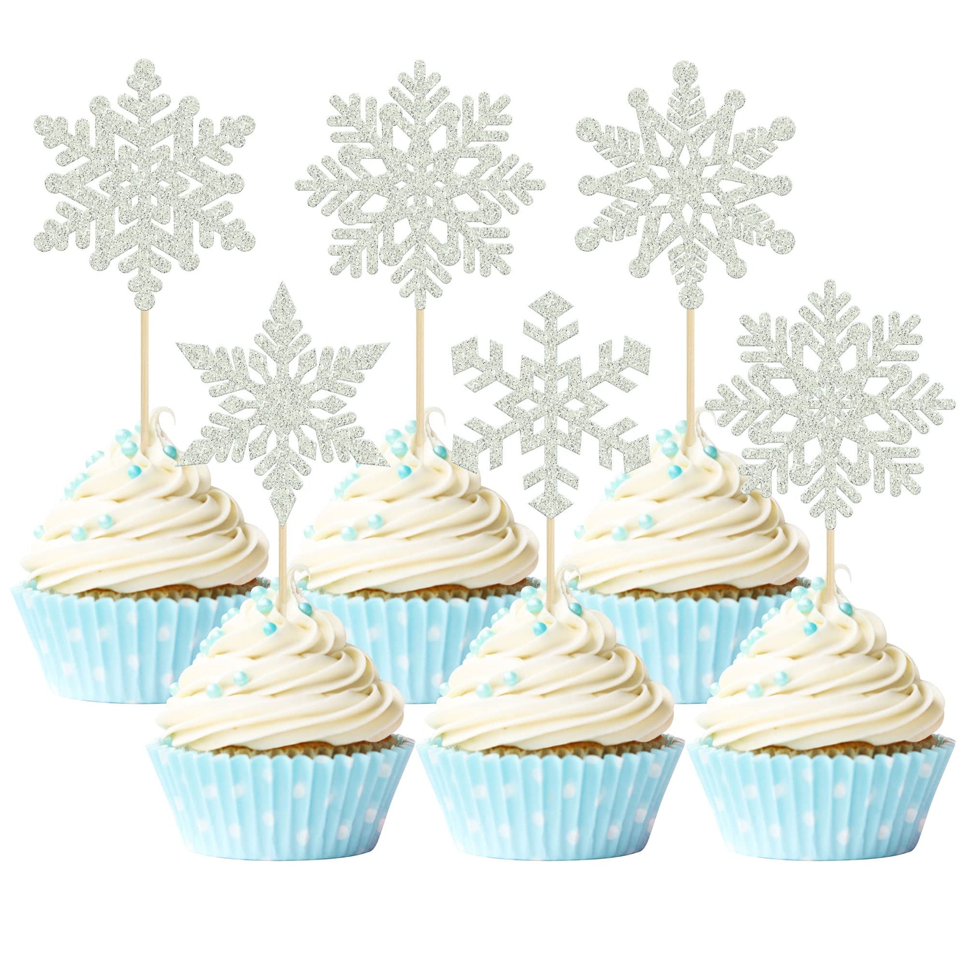 Gyufise 36 Pack Snowflake Cupcake Toppers Silver Glitter Winter Frozen Theme Cupcake Picks Baby Shower Kids Birthday Party Chris