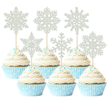 Gyufise 36 Pack Snowflake Cupcake Toppers Silver Glitter Winter Frozen Theme Cupcake Picks Baby Shower Kids Birthday Party Chris