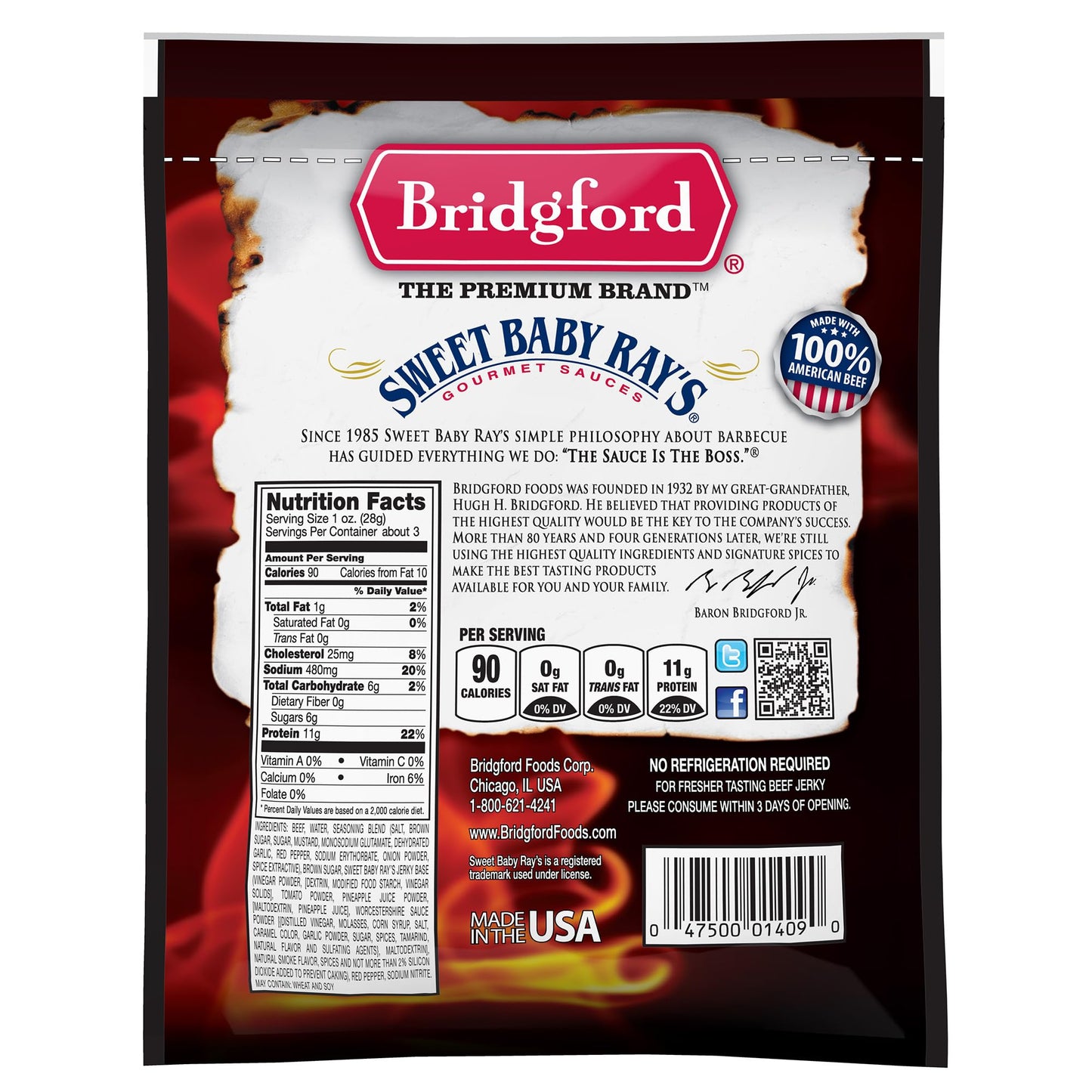Bridgford Sweet Baby Rays Beef Jerky Sweet N Spicy 3.25 Oz Pack Of 6 - High Protein Sweetened Spicy Beef Jerky For Your Dietary