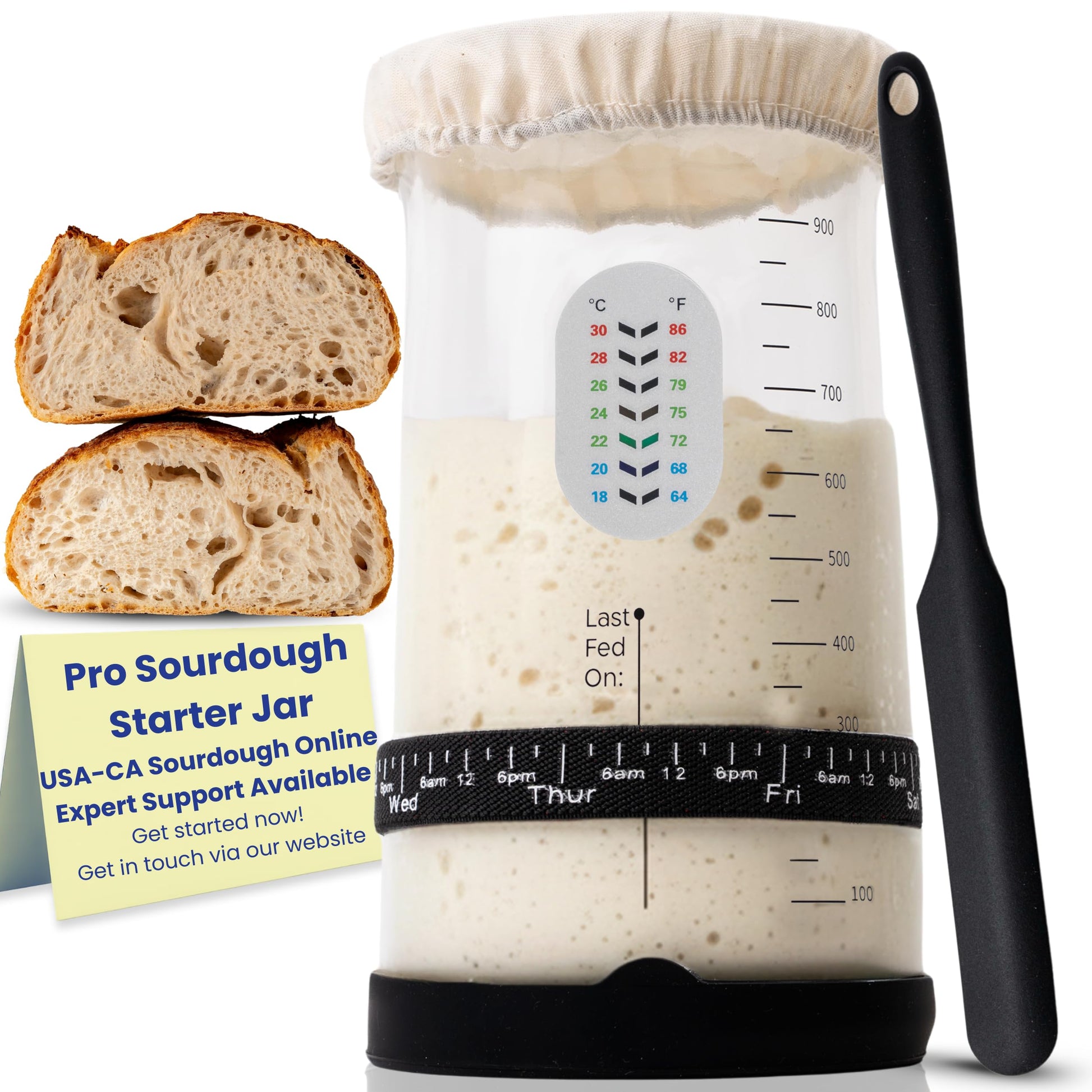 Pro Sourdough Starter Kit -37oz Wide Mouth Sourdough Starter Jar Kit for Bread - Large Glass Sourdough Jar  Feeding Band  Cloth Cover  Spatula & Thermometer-Best Sourdough Bread Kit for Beginners