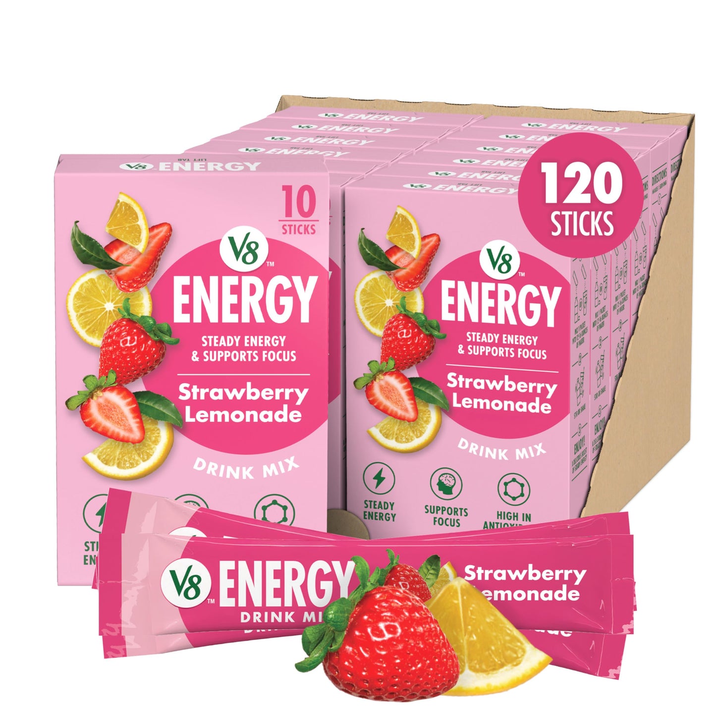 V8 Energy Strawberry Lemonade Energy Drink Powder  .10 oz Packet (120 Count)