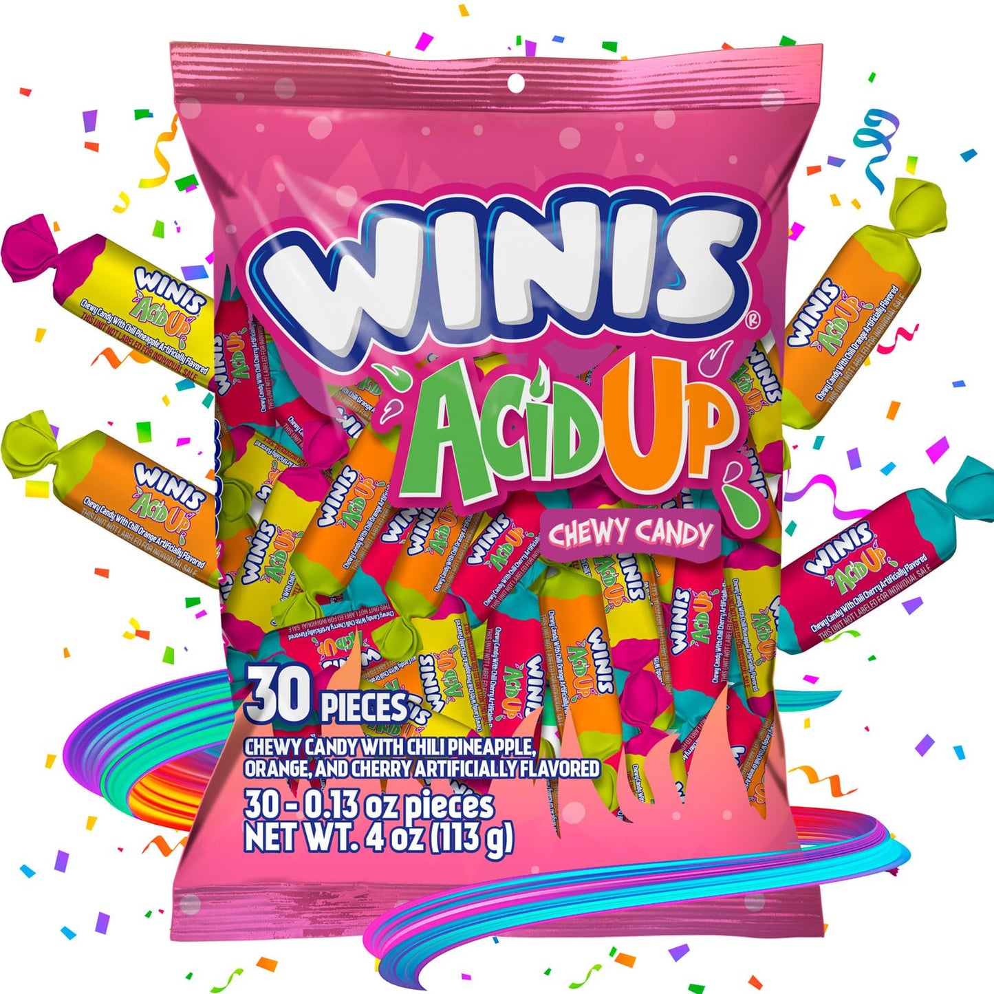 Winis Sour & Spicy Variety Bag Chewy Candy – Taffy Candies 30 Individually Wrapped Pieces - Size 4 Oz Candy Variety Bag - Taffy, Gifts, Holiday, Parties, Concessions, Pantry, Non-Melting, Party