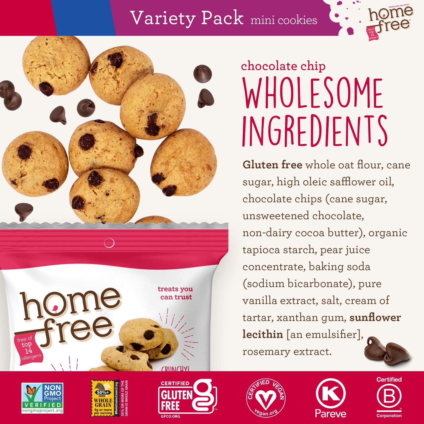 Homefree 01305 Gluten Free Mini Cookies Variety Pack, 1.1 Oz/0.95 Oz/1.1 Oz Packs, 30/Carton