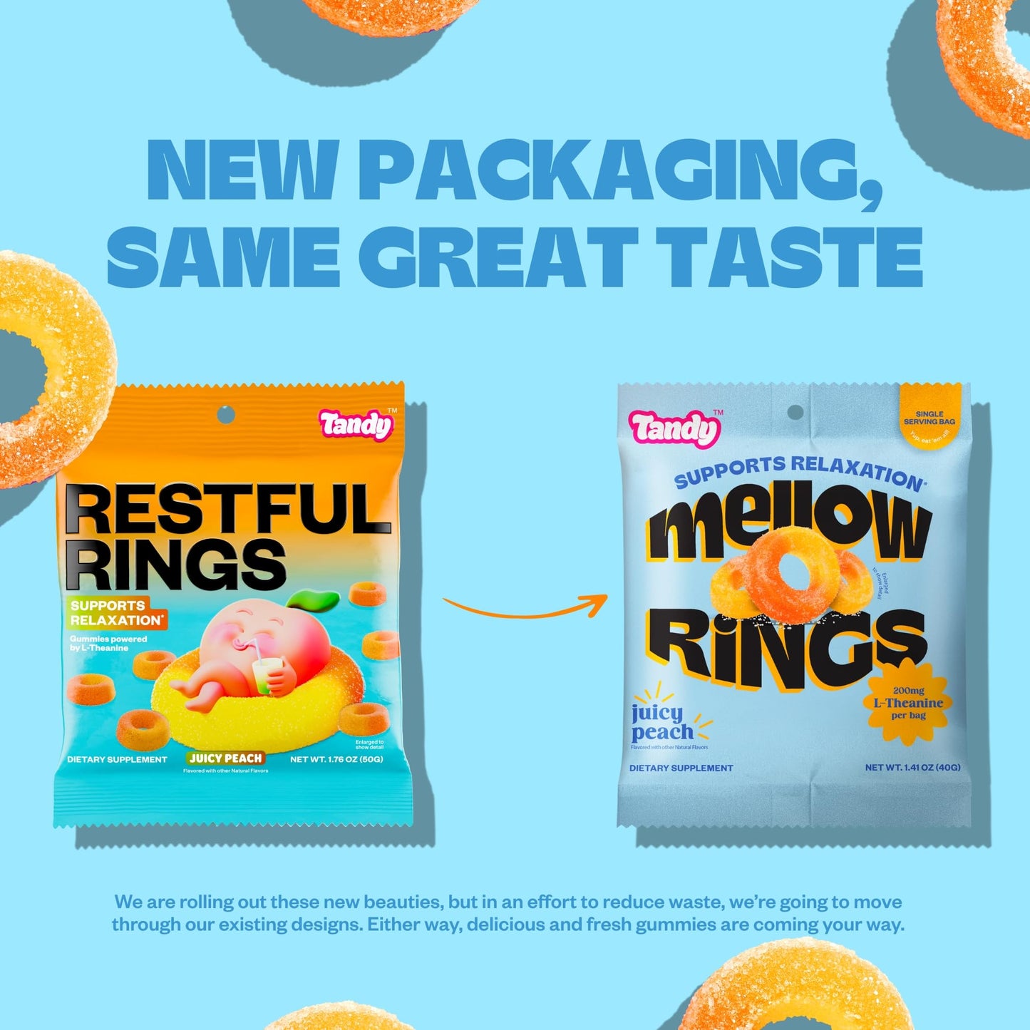 Tandy Mellow Rings L-Theanine Gummies, Juicy Peach Flavor, Gluten-Free, 6-Pack