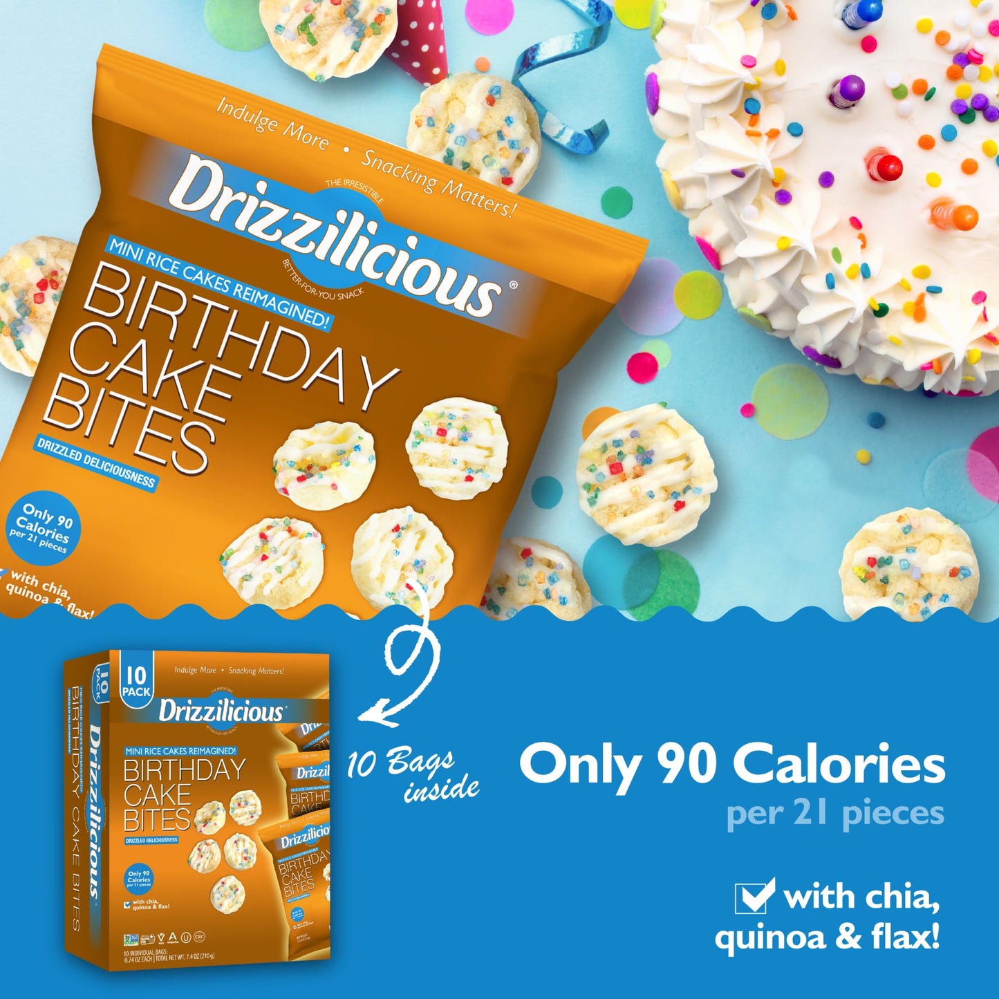 Drizzilicious Mini Rice Cakes - Vegan, Gluten Free, 90 Calories, 0.74 oz (Pack of 10)