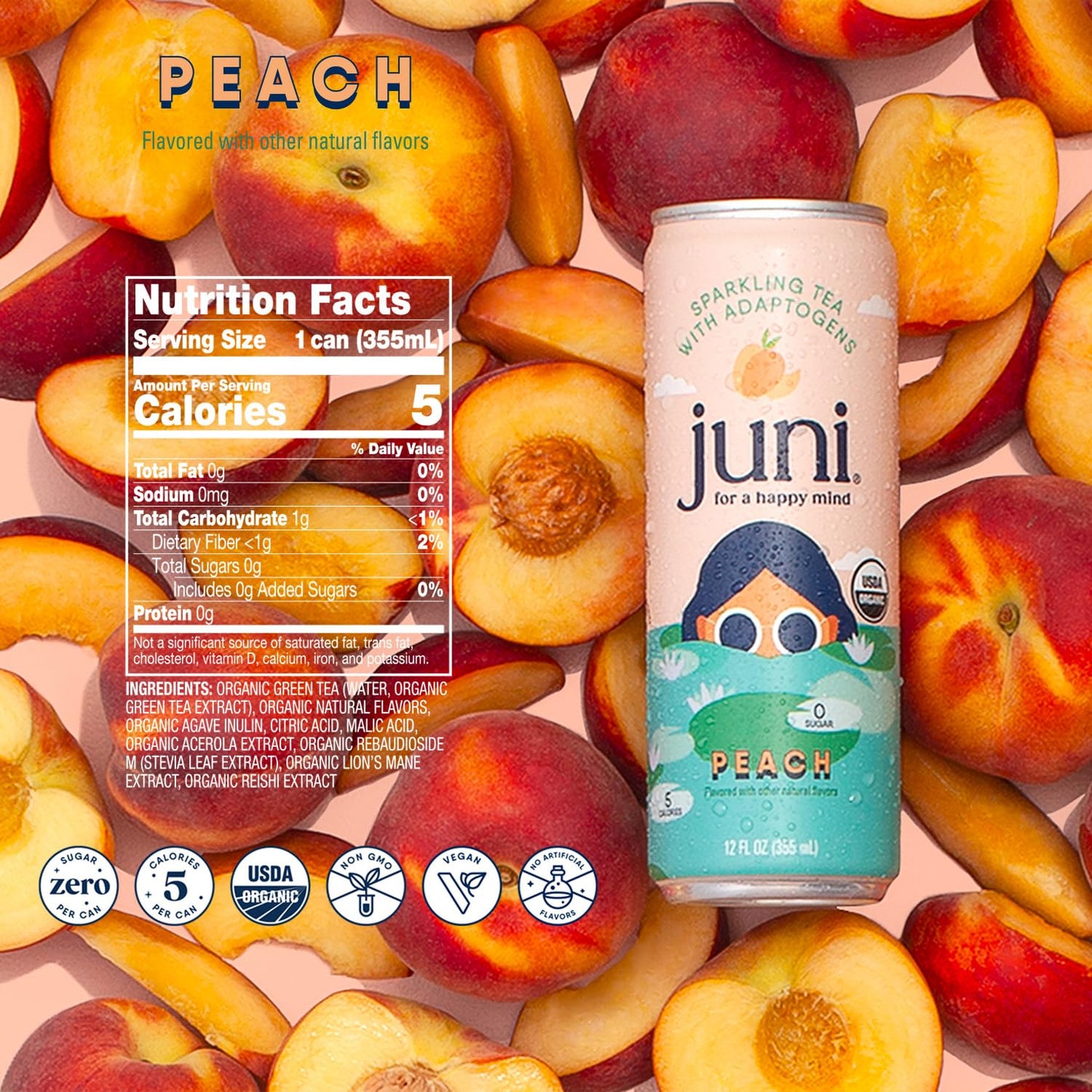 JUNI Sparkling Adaptogen Drink, Peach Flavor, Zero Sugar, 12 Fl Oz (Pack of 12)
