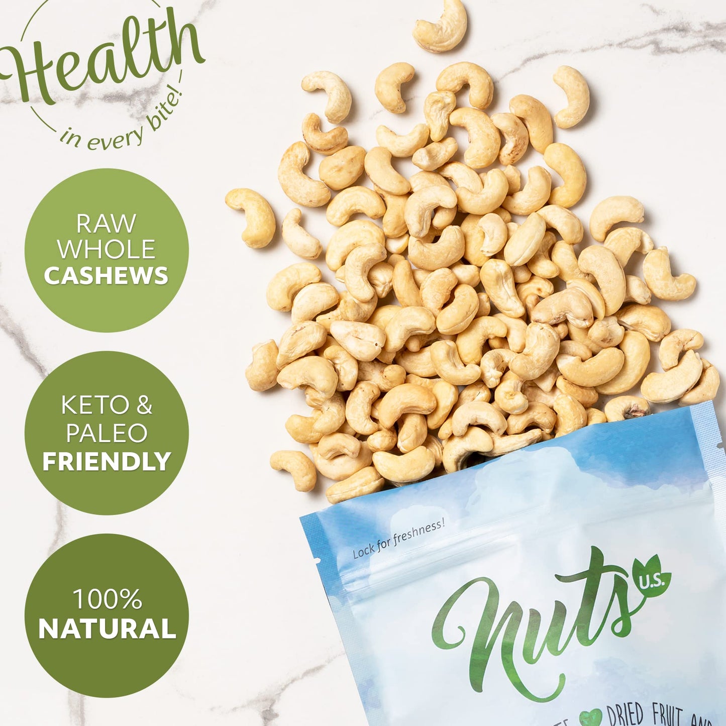 Nuts U.S. - Cashews | Raw And Unsalted | Whole Kernels And No Shell | Fresh & Unroasted | Natural Bulk Cashews !!! (4 Lbs)