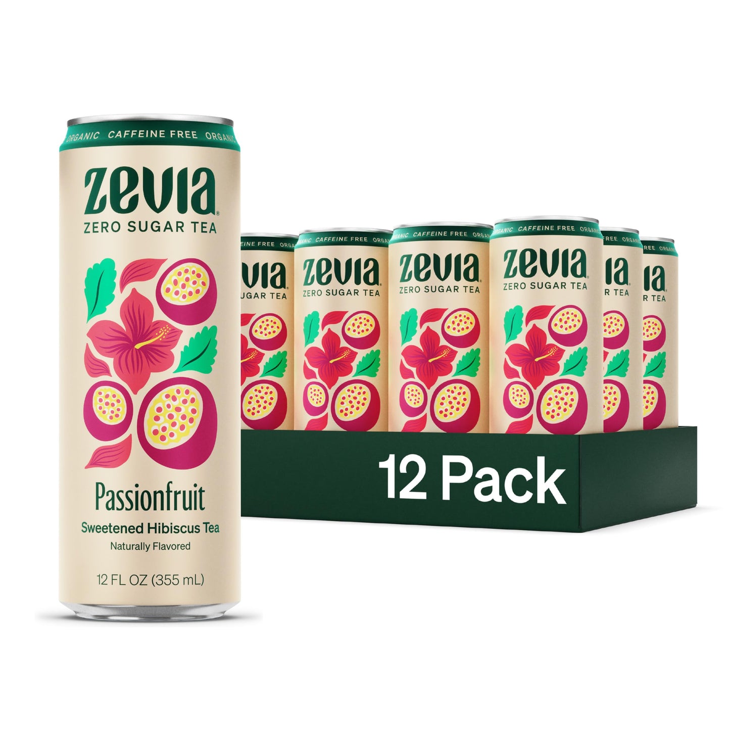 Zevia Organic Sugar Free Iced Tea, Caffeine Free Hibiscus Passionfruit, 12 Fl Oz, Pack of 12, Natural
