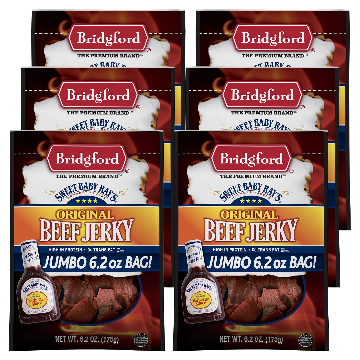 Bridgford Sweet Baby Rays Beef Jerky Original 6.2 oz Pack of 6 - Healthy High Protein Beef Jerky for Your Dietary Preferences - 