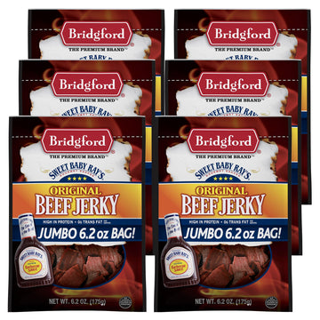 Bridgford Sweet Baby Rays Beef Jerky Original 6.2 oz Pack of 6 - Healthy High Protein Beef Jerky for Your Dietary Preferences - 