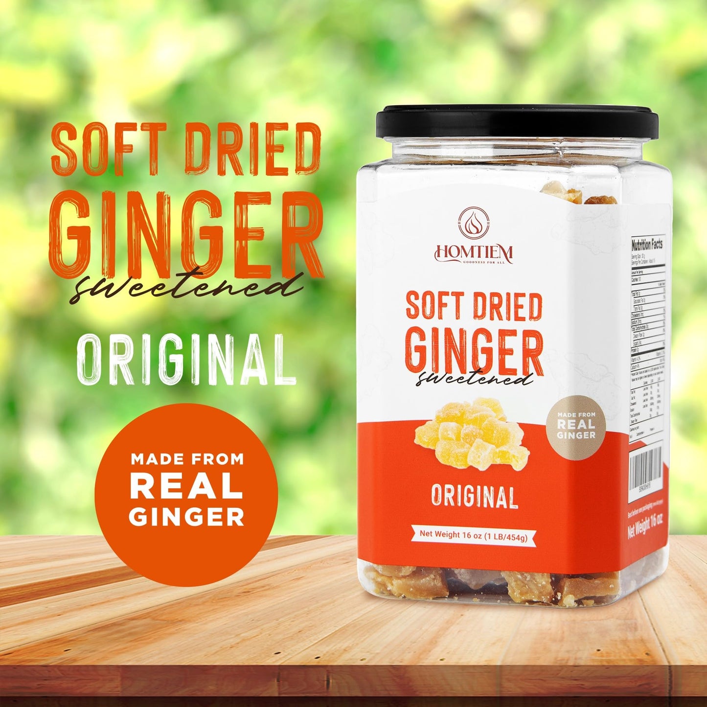 Homtiem Dried Crystallized Ginger(16 Ounce)Soft, Chews And Candied Delicious Gingers,No Artificial Colors, Easy To Eat, Keep And