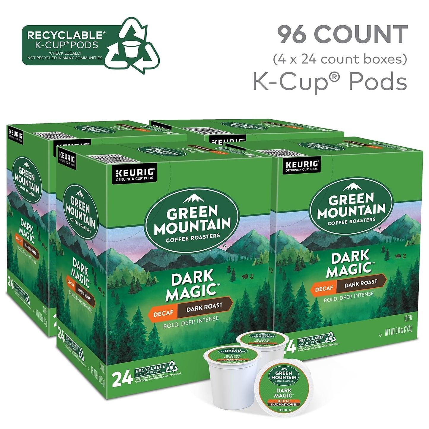 Green Mountain Coffee, Dark Magic Decaf, Single-Serve Keurig K-Cup Pods, Dark Roast, 96 Count (4 Boxes Of 24 Pods)