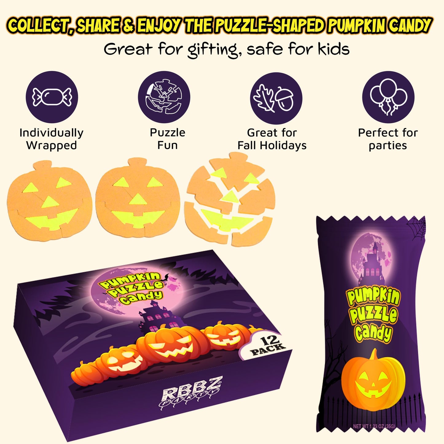 Halloween Pumpkin Puzzle Candy - 12 Pack Individually Wrapped Large 35g - Unique Halloween Themed Candy - Great for Trick or Tre