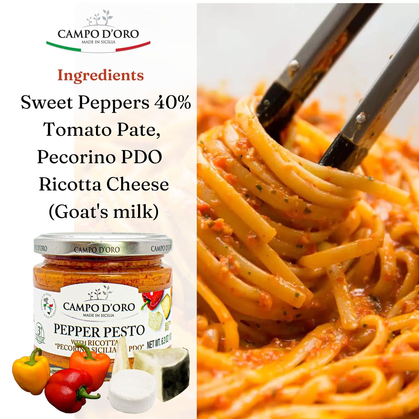Campo D'Oro - Sicilian Pepper Pesto With Ricotta And Pecorino, Glass Jar 6,3 Oz, Italian Specialties