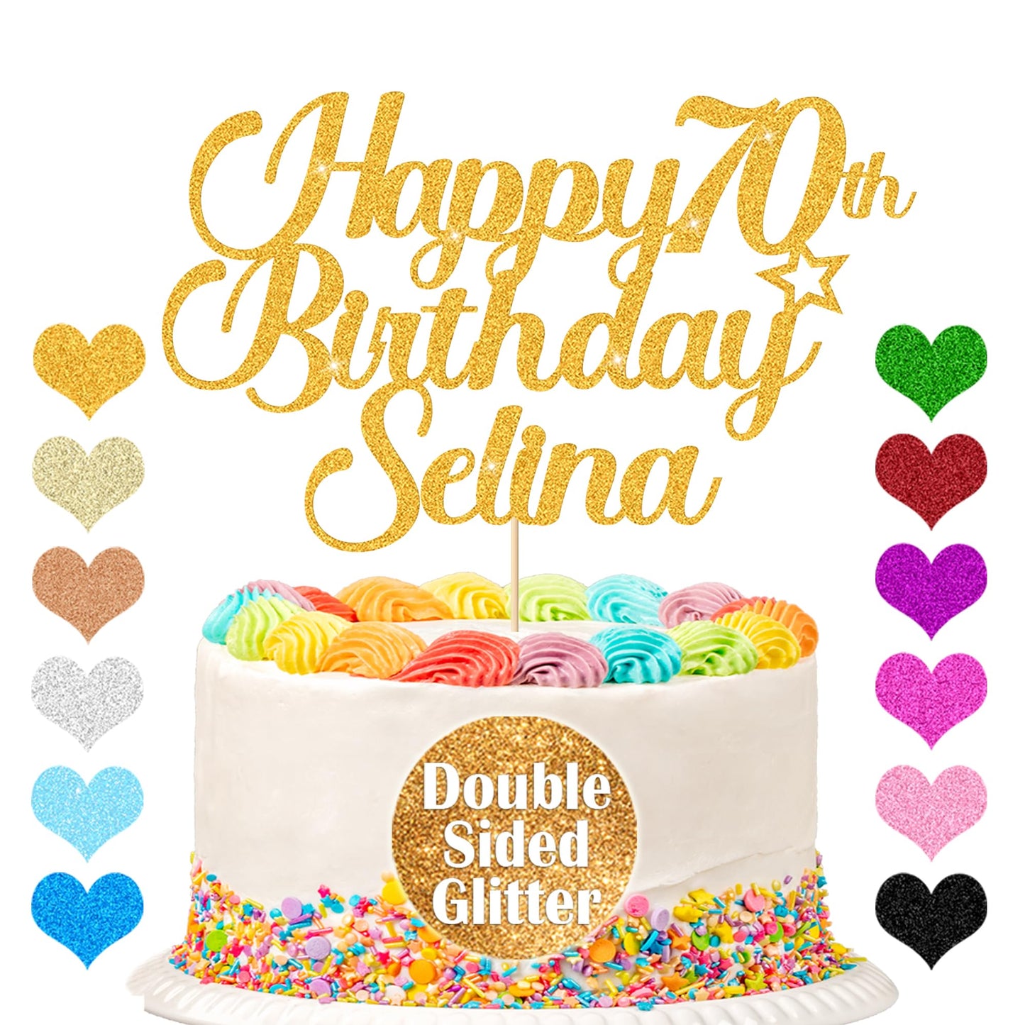 EDSG Personalized Birthday Cake Topper - Double-Sided Glitter, Customizable Name & Age, Gold Plastic Decoration