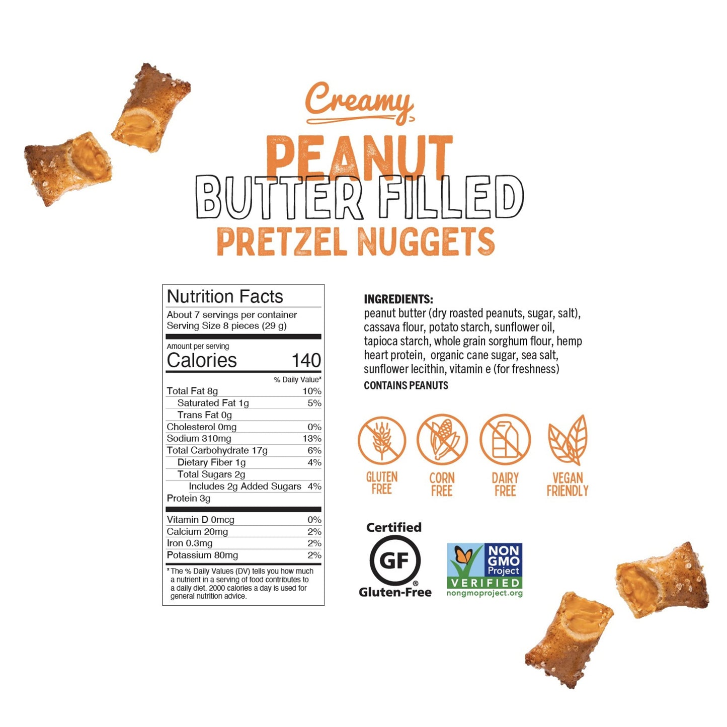 Quinn Gluten Free Peanut Butter Filled Pretzel Nuggets - Made With Real Ingredients, Whole Grain Sorghum, Sea Salt, Vegan, Dairy