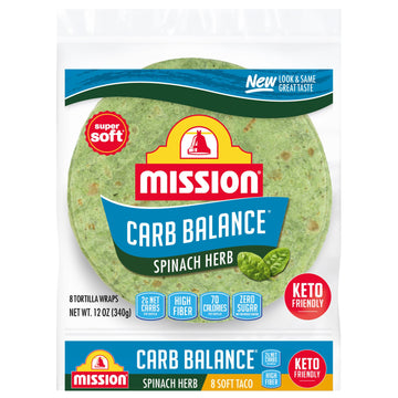 Mission Carb Balance Spinach Herb Tortilla Wraps, 8 Count, Low Carb, Keto, High Fiber, No Sugar