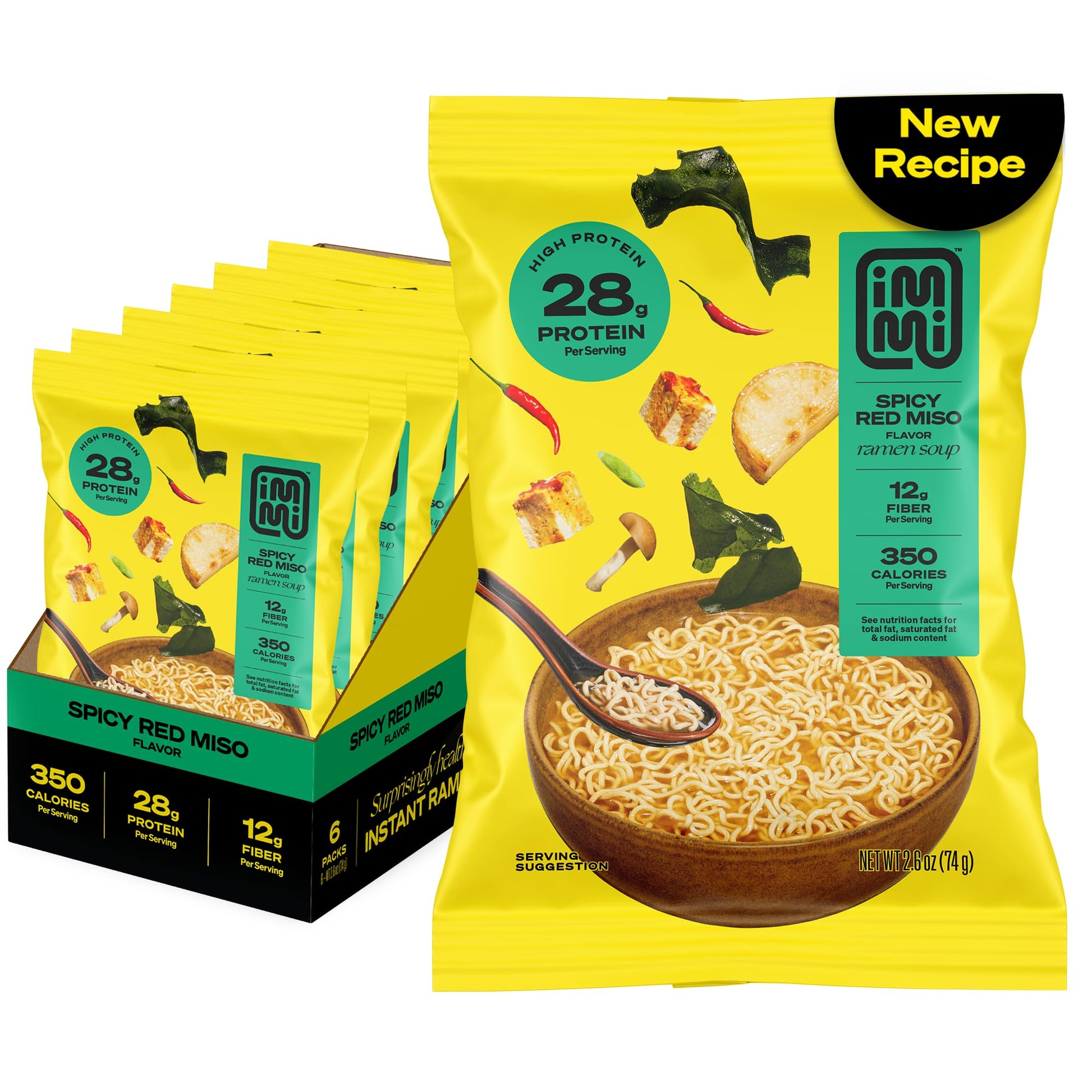 Immi Spicy Red Miso    Ramen - Improved Taste, Better Texture & More Protein - Vegan, High Protein Noodles - Low Carb, Zero Suga