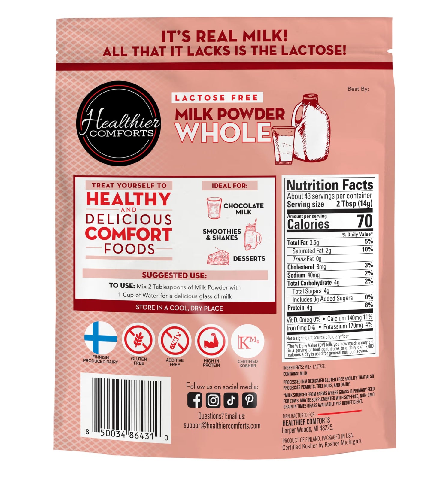 Healthier Comforts Lactose Free Whole Milk Powder, Non-GMO, Gluten Free, 21 oz