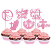 YCTHUNFISH Cupcake Toppers 24 Pack Religious Theme Pink Glitter Cross Dove of Peace Decorations for Baby Shower Kids Birthday Party