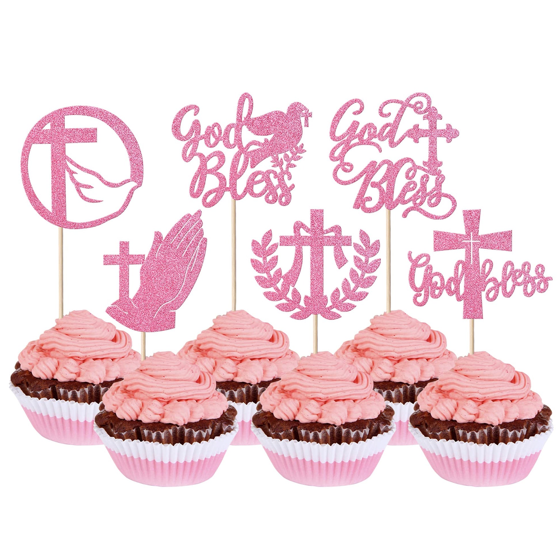 YCTHUNFISH Cupcake Toppers 24 Pack Religious Theme Pink Glitter Cross Dove of Peace Decorations for Baby Shower Kids Birthday Party