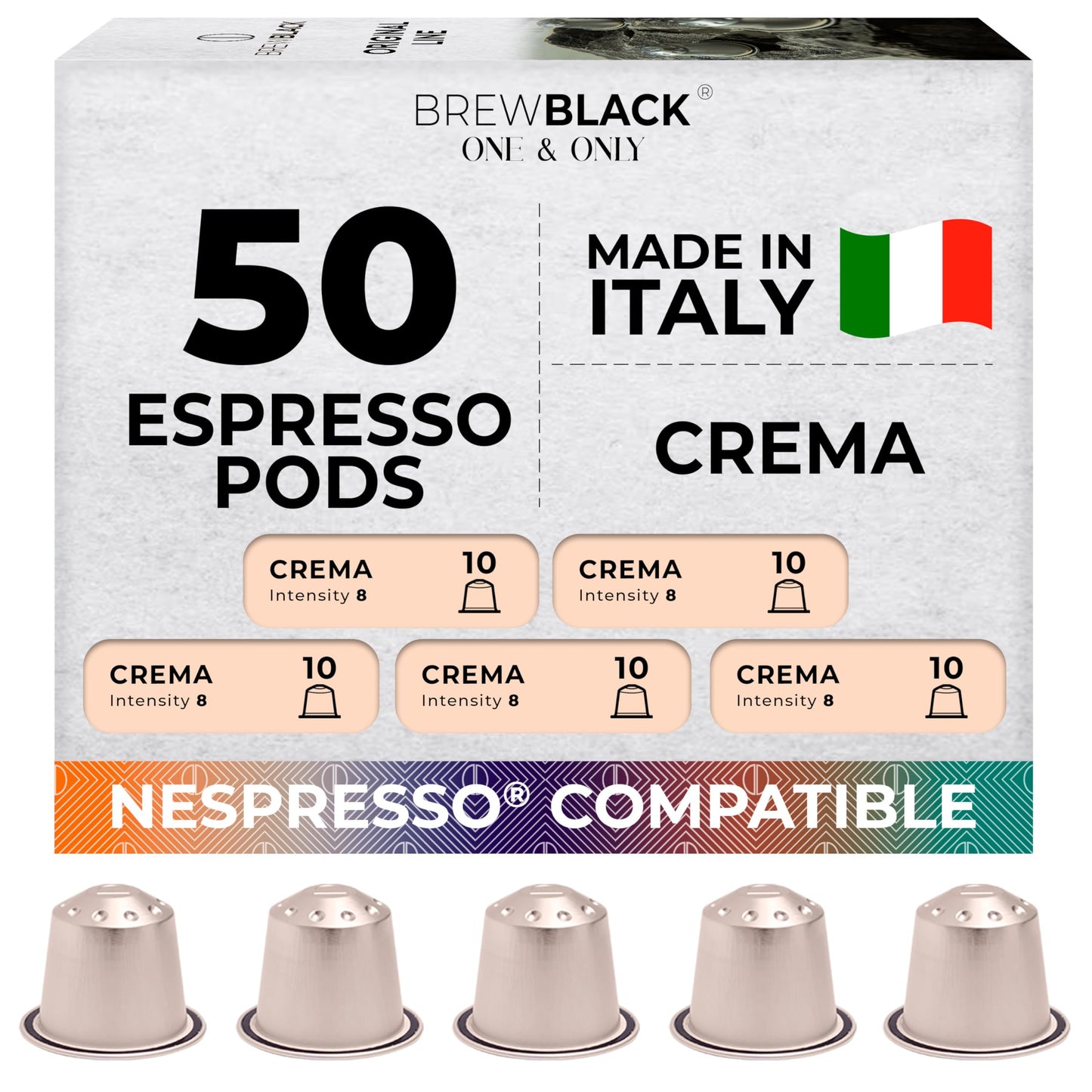 BREWBLACK Crema Coffee Capsules - 50 Aluminum Pods, Compatible with Nespresso Original, Medium Roast, Intensity 8, Made in Italy
