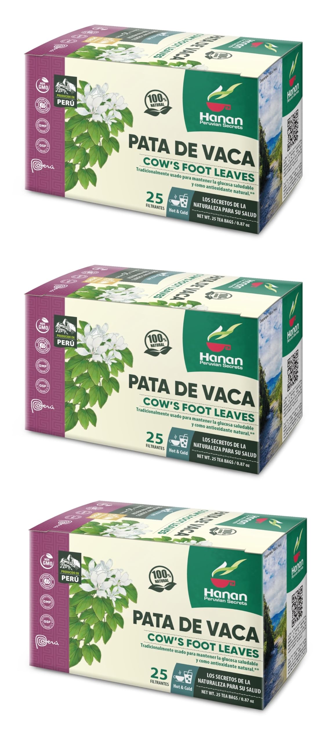 HANAN PERUVIAN SECRETS Cows Foot Tea - 100% All-Natural Bauhinia forficata - 75 Count (Pack of 3)