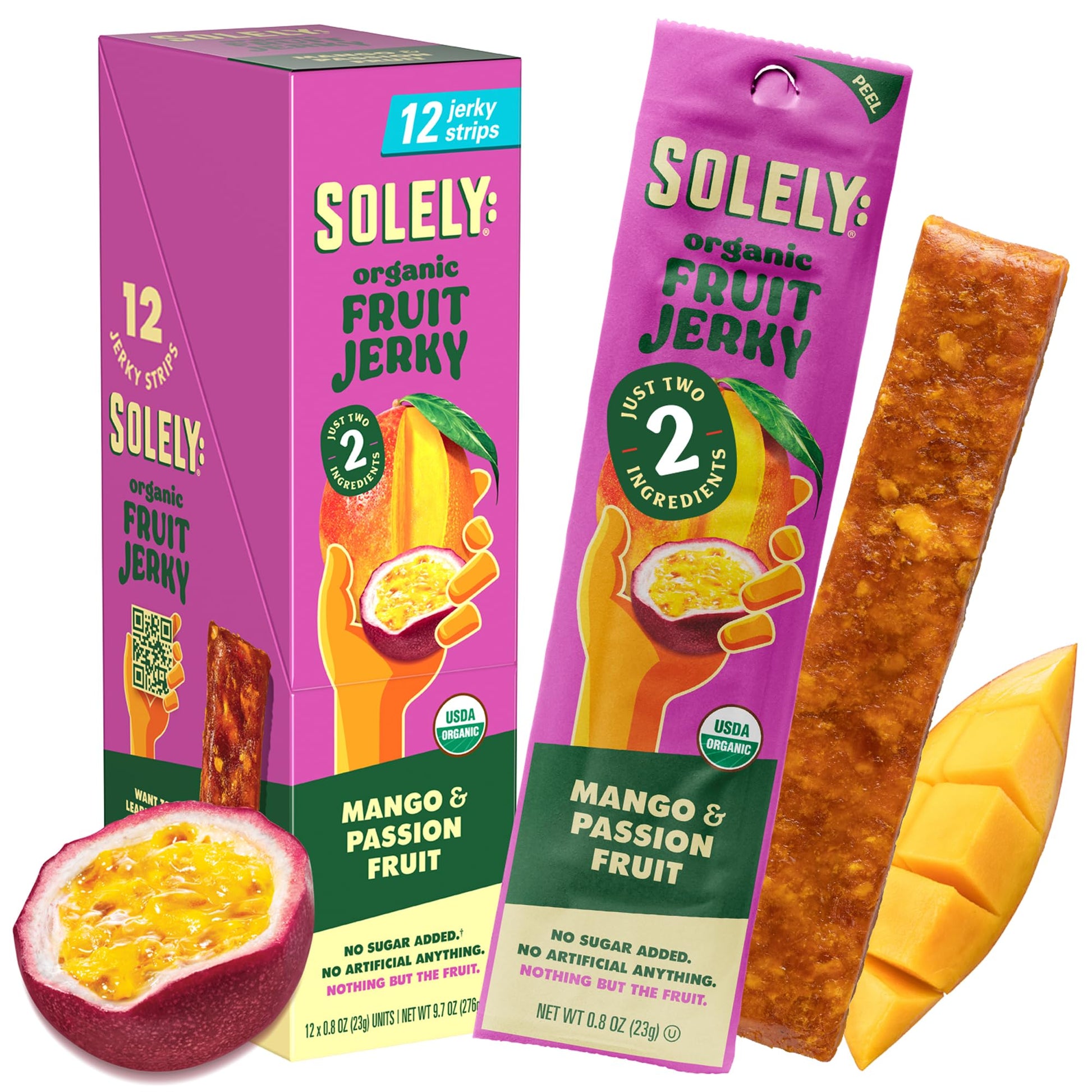 Solely - Organic Mango Passion Fruit Jerky - 12 Individually Wrapped Strips - Fruit Leather Made From Dried Fruit - Healthy Snac