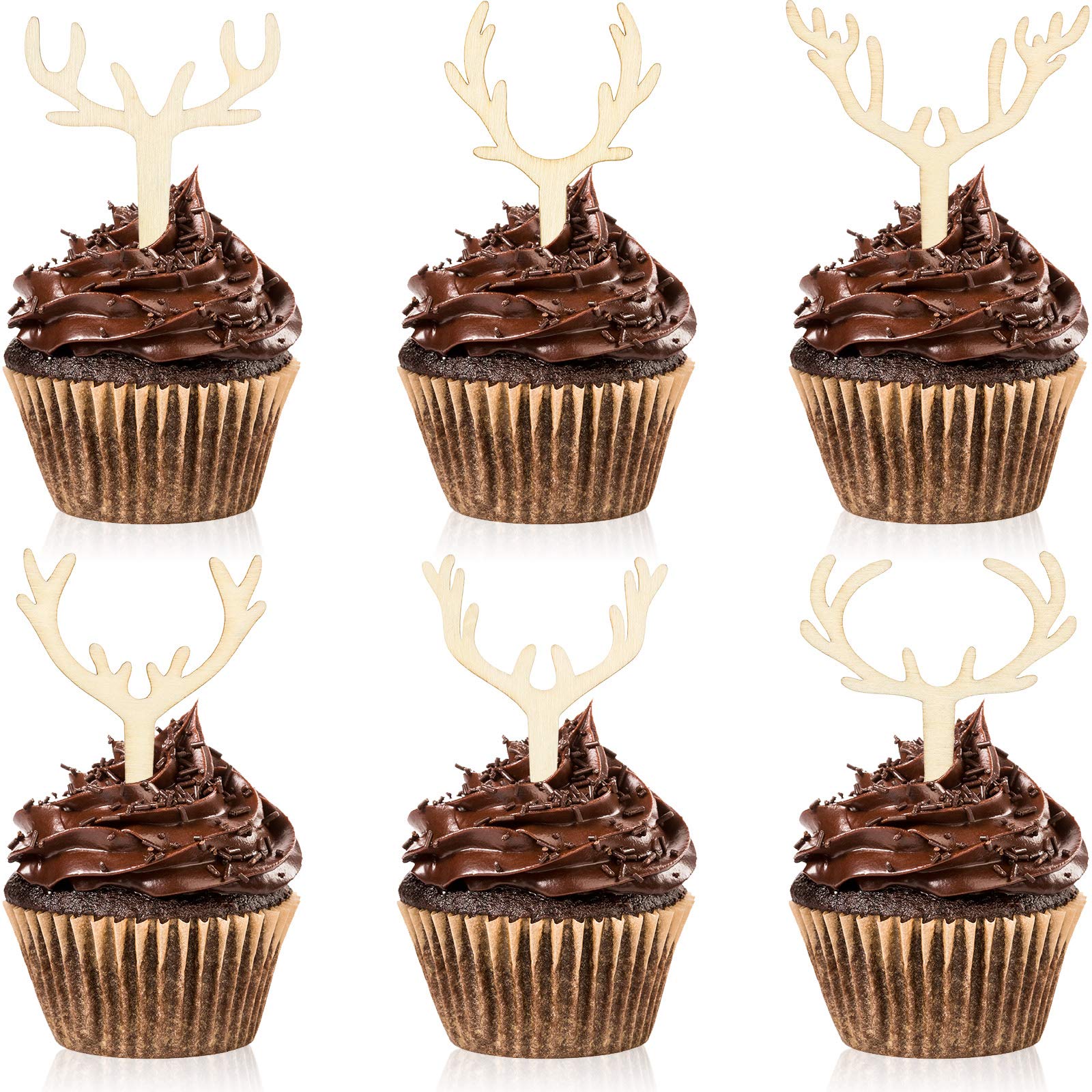30 Pieces Antler Cupcake Toppers Wooden Reindeer Cake Topper Christmas Deer Cake Picks For Baby Shower Wedding Hunting Rustic Bi