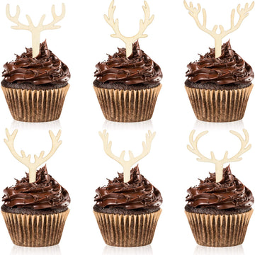 30 Pieces Antler Cupcake Toppers Wooden Reindeer Cake Topper Christmas Deer Cake Picks For Baby Shower Wedding Hunting Rustic Bi