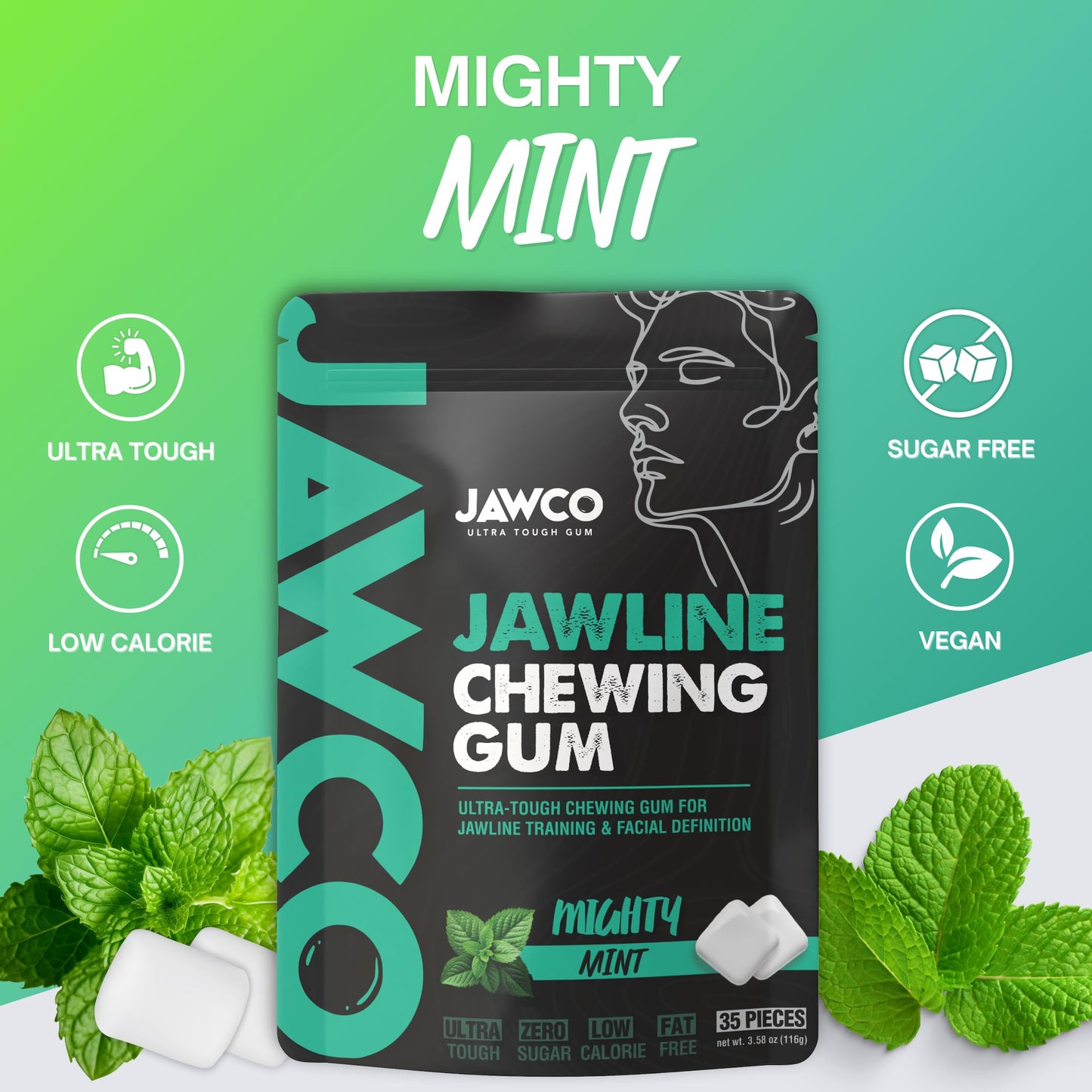 Jawcko Ultra-Tough Jawline Chewing Gum | Get A Stronger, Squarer Jawline | Mighty Mint Jaw Training Hard Gum | Chisel, Sculpt, Tone Your Jaw | 15X Hardness | Facial Fitness Mewing Gum | 40 Pieces/Pack