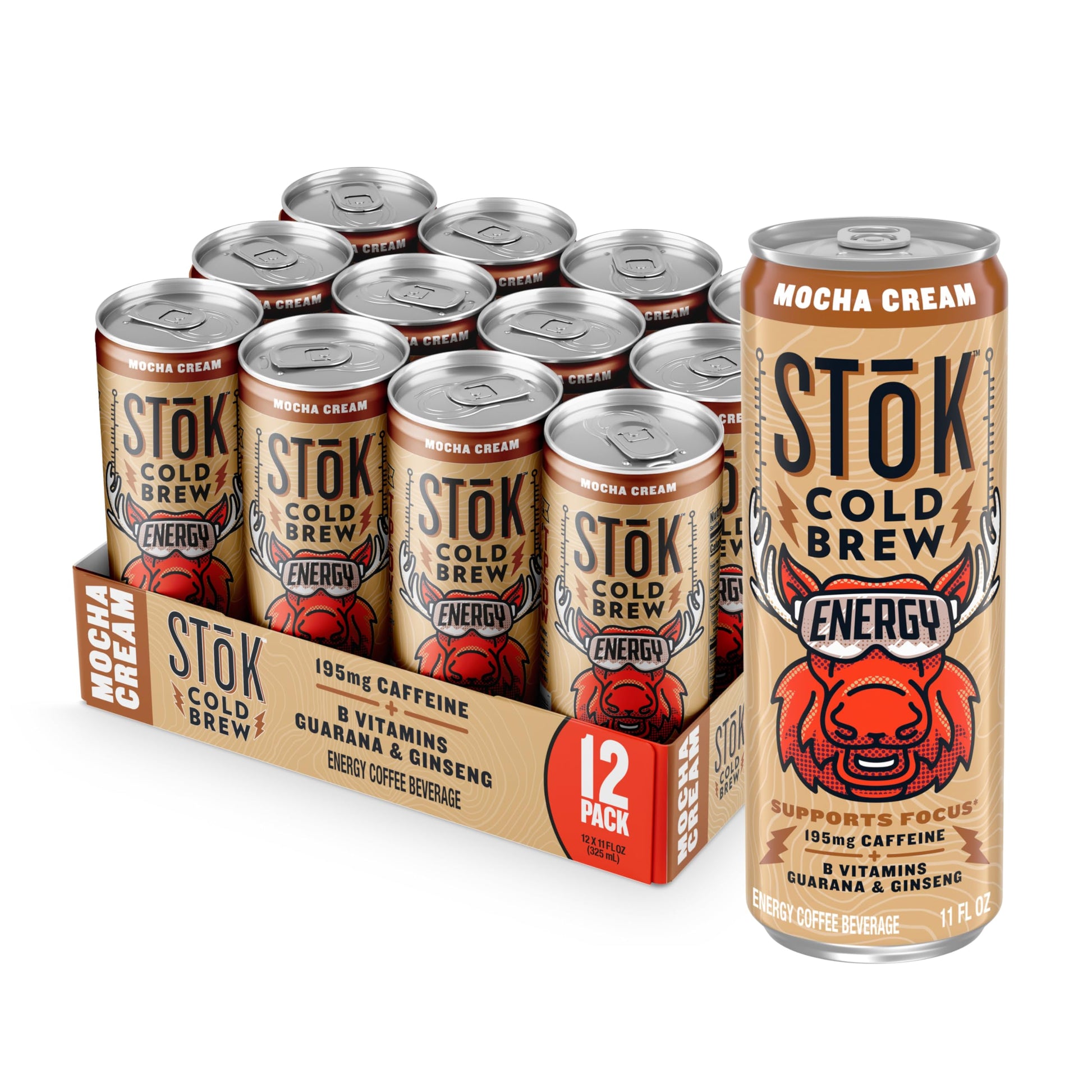 SToK Cold Brew Energy Mocha Cream  Energy Coffee Beverage with 195mg Caffeine to Help Support Focus  Canned Coffee with B-Vitamins  Guarana and Ginseng  11 fl oz  12pk