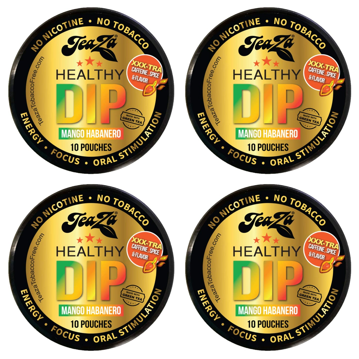 TeaZa Energy Pouches - Nicotine Free Dip, Mango Habanero Flavor, 10 Count (Pack of 4)