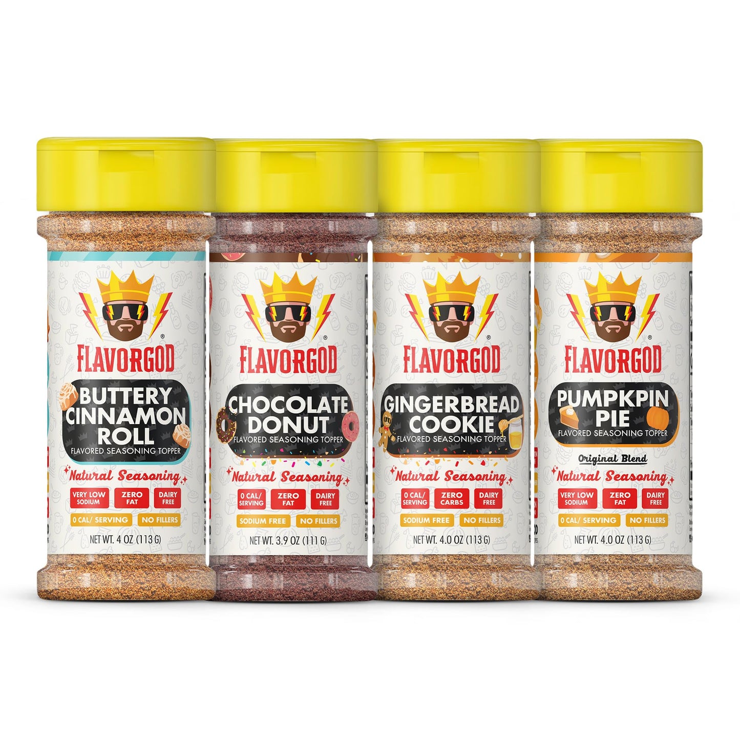 Flavor God Dessert Topper Combo Pack of 4 - Buttery Cinnamon Roll, Chocolate Donut, Gingerbread Cookie, Pumpkin Pie - Gluten-Free, Kosher