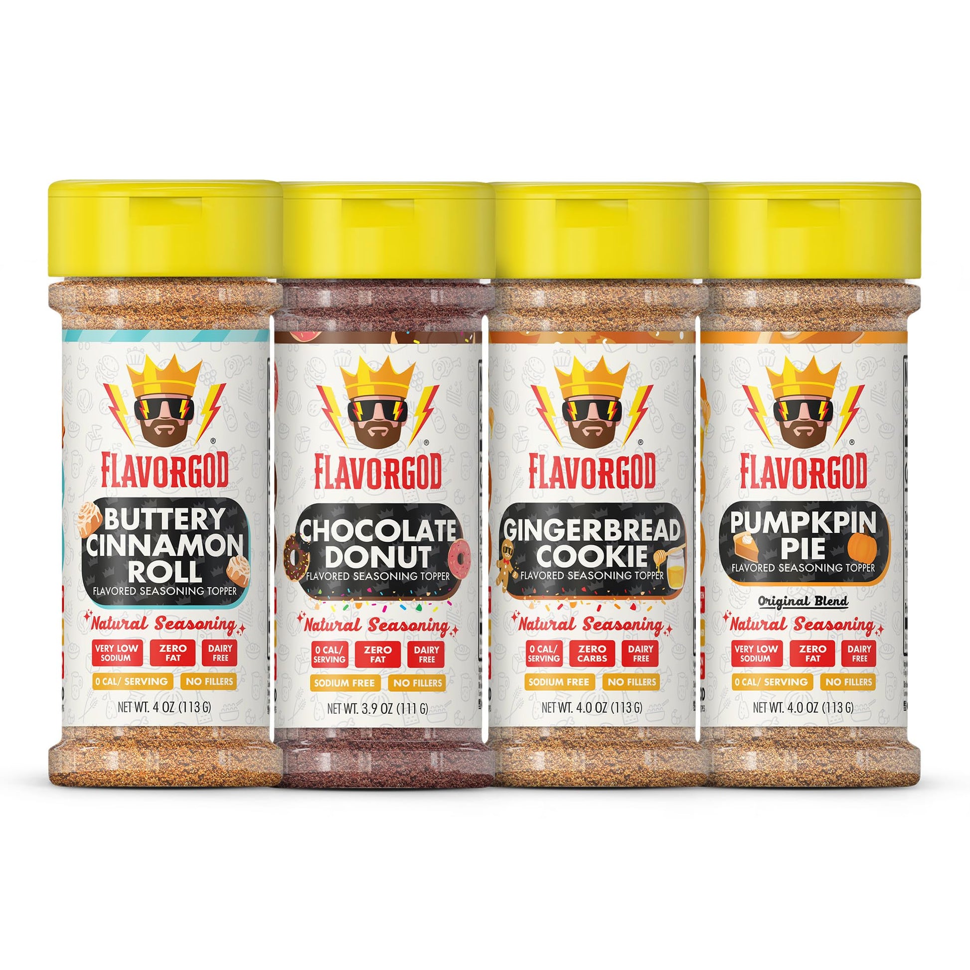 Flavor God Dessert Topper Combo Pack of 4 - Buttery Cinnamon Roll, Chocolate Donut, Gingerbread Cookie, Pumpkin Pie - Gluten-Free, Kosher