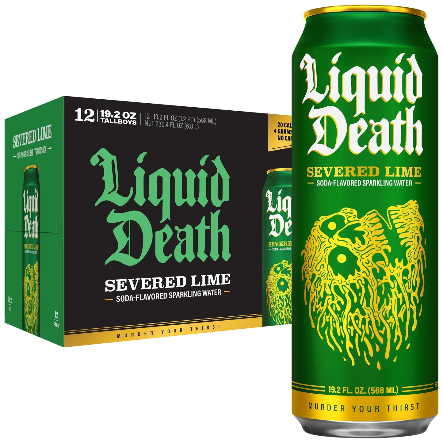 Liquid Death Soda-Flavored Sparkling Water - Severed Lime (Classic Lime Soda)  Less Sugar*  Huge Flavor  No Artificial Sweeteners  King Size 19.2 Fl Oz (Pack Of 12)