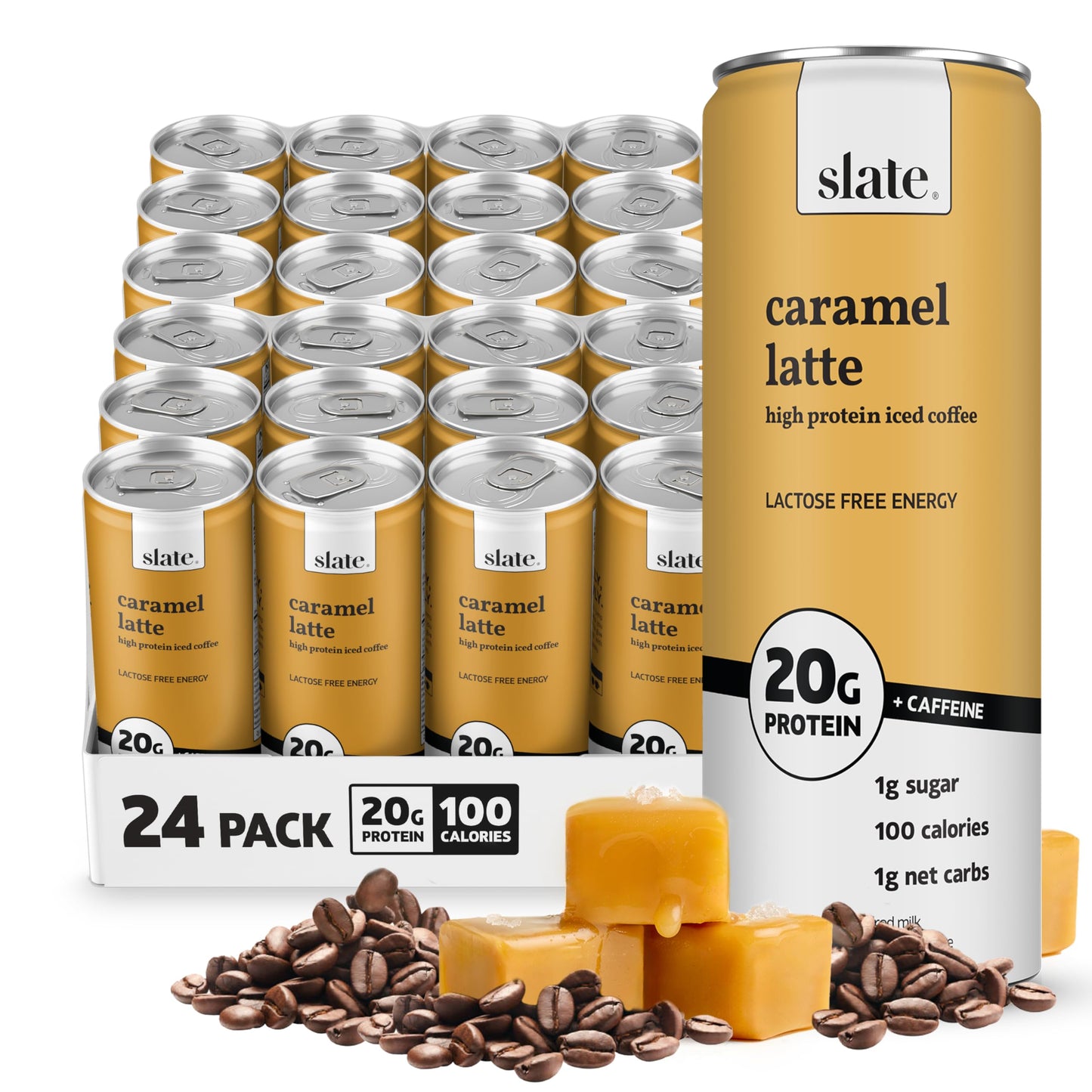 Slate Milk - High Protein Iced Coffee - Caramel Latte - 175mg Caffeine  Lactose Free Energy - 20g Protein  1g Sugar  100 Calories  1g Net Carbs  No Sugar Added - Protein Coffee - 11 fl oz  24 Cans