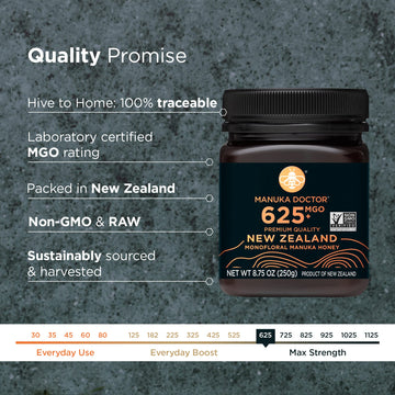 Manuka Doctor Manuka Honey MGO 625+ Raw Non-GMO 8.75 oz Monofloral Honey, 100% Pure New Zealand Honey, Model MD348US