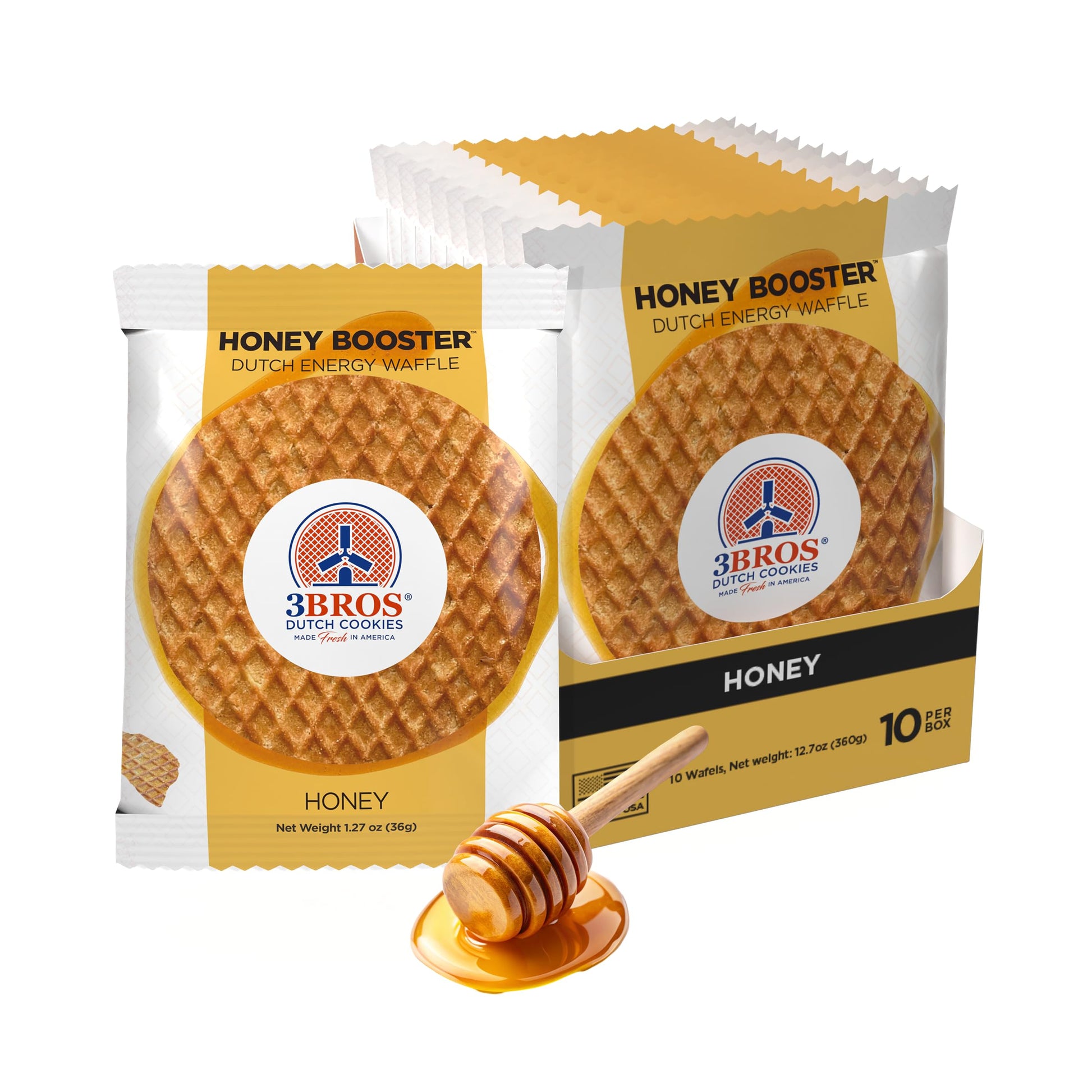 3Bros Honey Booster - Original Dutch Energy Waffle- Wafer Cookie - Individually Wrapped Honey Stroopwafels - Made Fresh in the U
