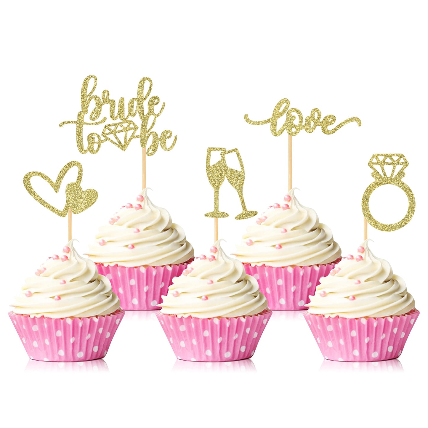 Hengmerry 35 PCS Glitter Diamond Ring Cupcake Toppers, 2.5x3.5, Bamboo, Gold for Bridal Shower Wedding Engagement Party
