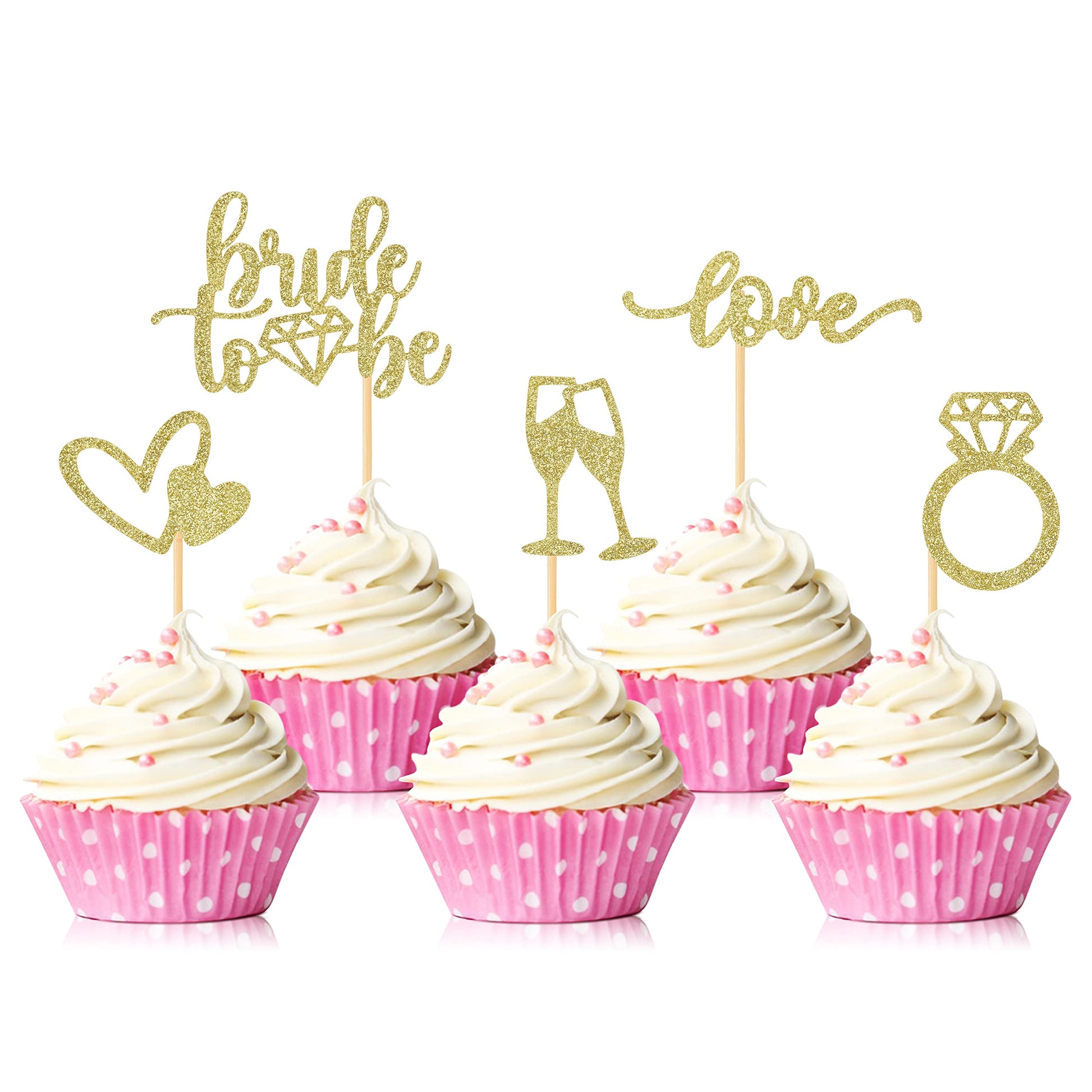 Hengmerry 35 PCS Glitter Diamond Ring Cupcake Toppers, 2.5x3.5, Bamboo, Gold for Bridal Shower Wedding Engagement Party