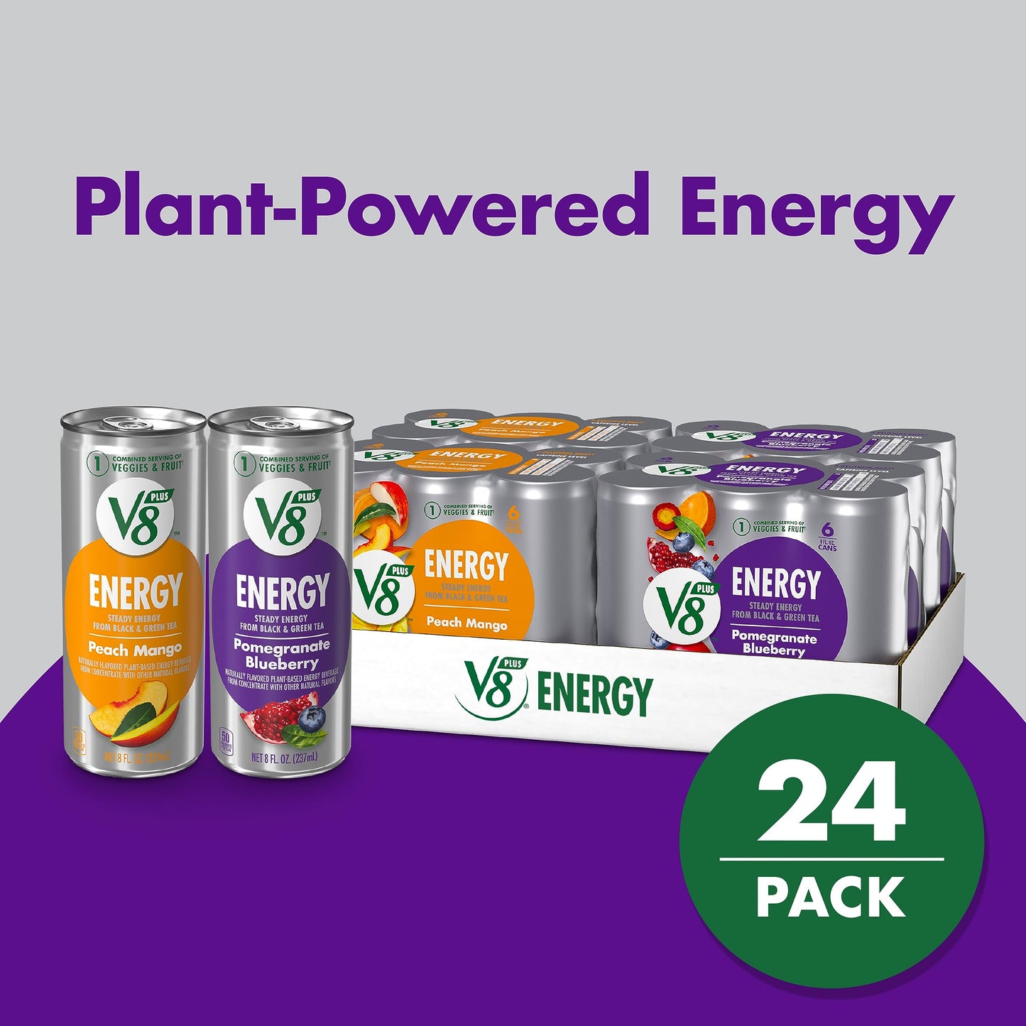 V8 Energy Drinks Variety Pack - Pomegranate Blueberry & Peach Mango, 8 Fl Oz Can, Pack of 24