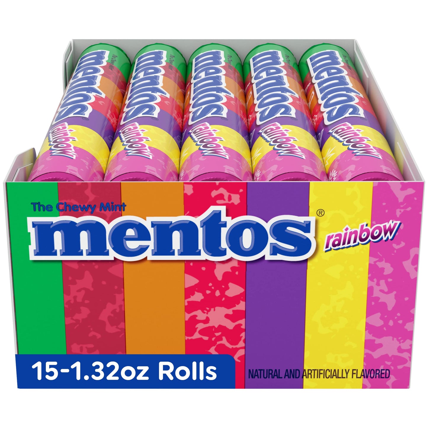 Mentos Chewy Mint Candy Roll, Rainbow, Non Melting, Party, 14 Pieces (Bulk Pack Of 15)