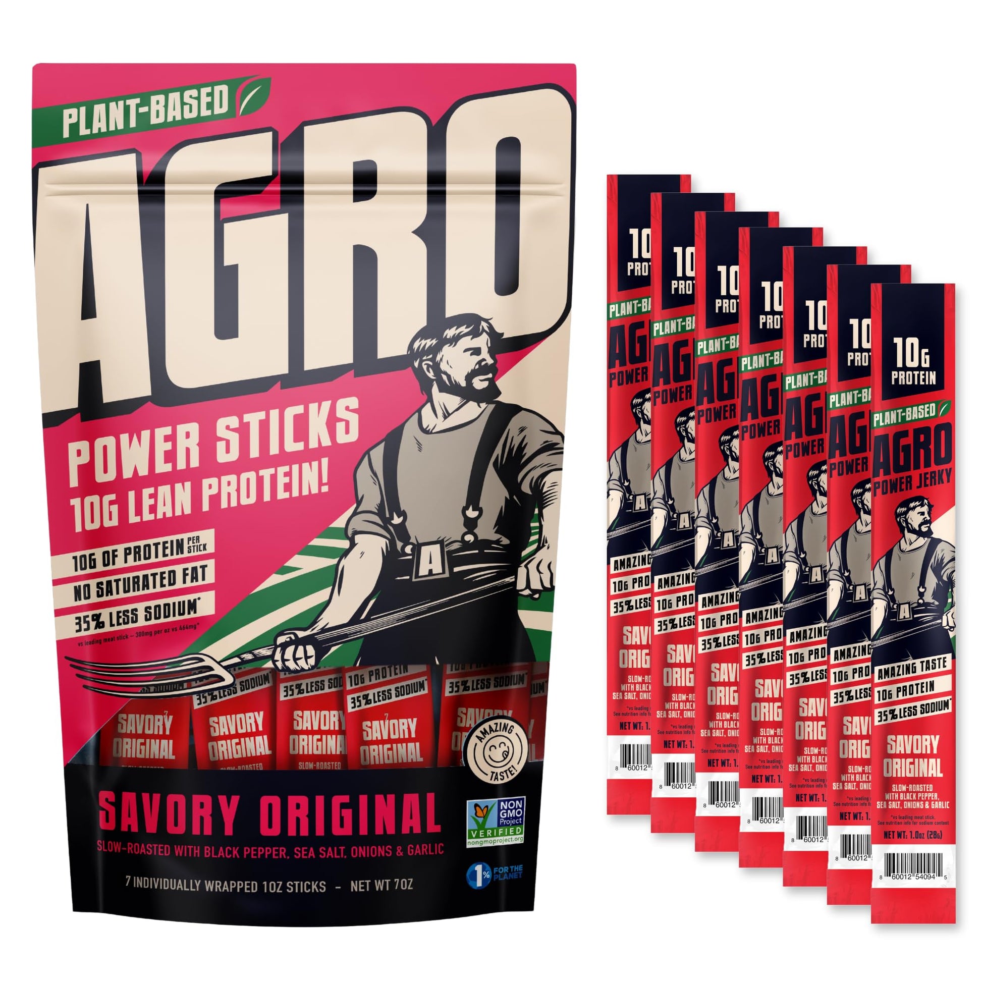 AGRO POWER Vegan Jerky Sticks  Savory Original Plant-Based  7 Stick Bag with 10g Protein  Non-GMO  40% Less Sodium  Zero Cholesterol  Meat Alternative  High Protein Snack for Lunch  On-the-Go Fuel